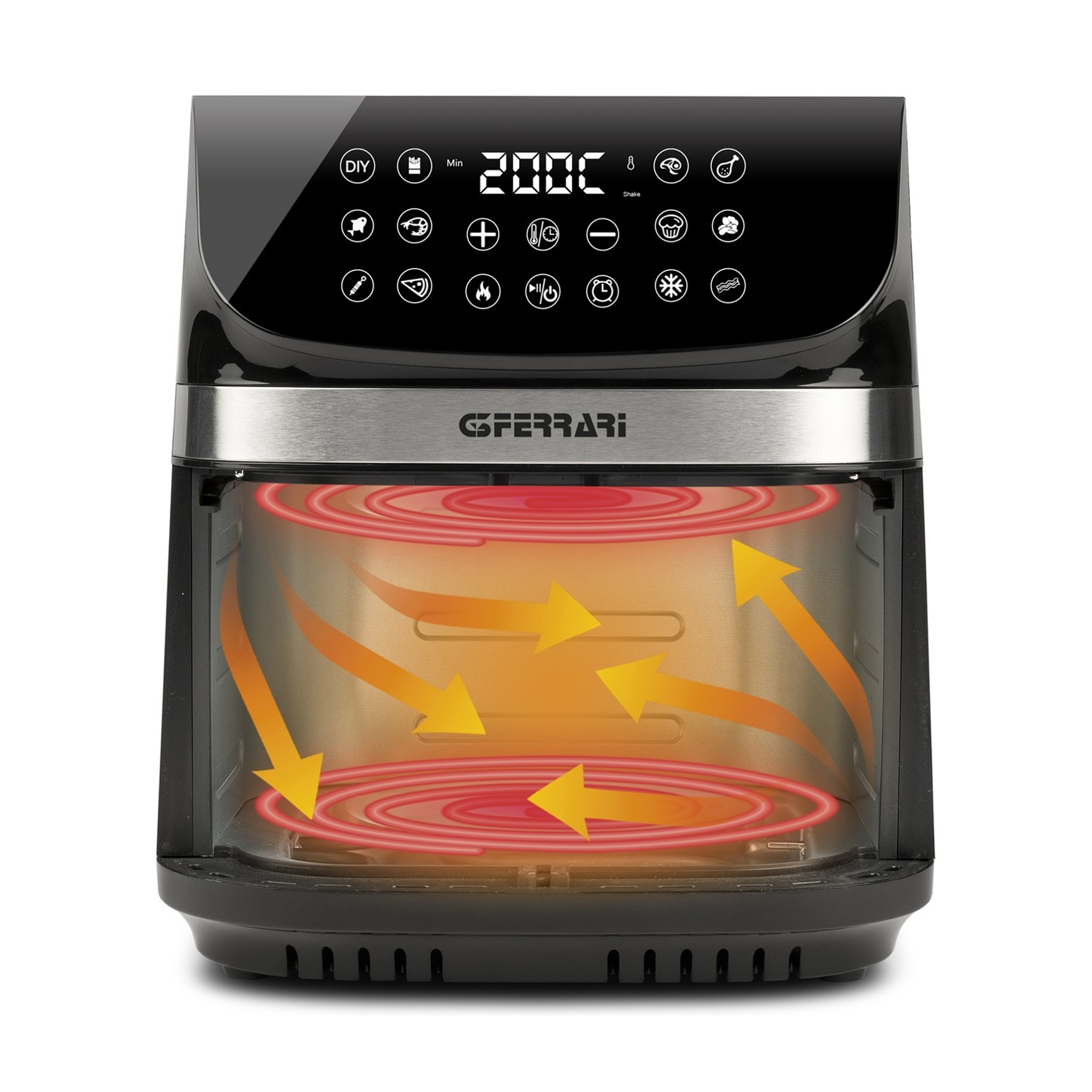 Friggitrice ad aria nera con display digitale e grafica di circolazione del calore.
