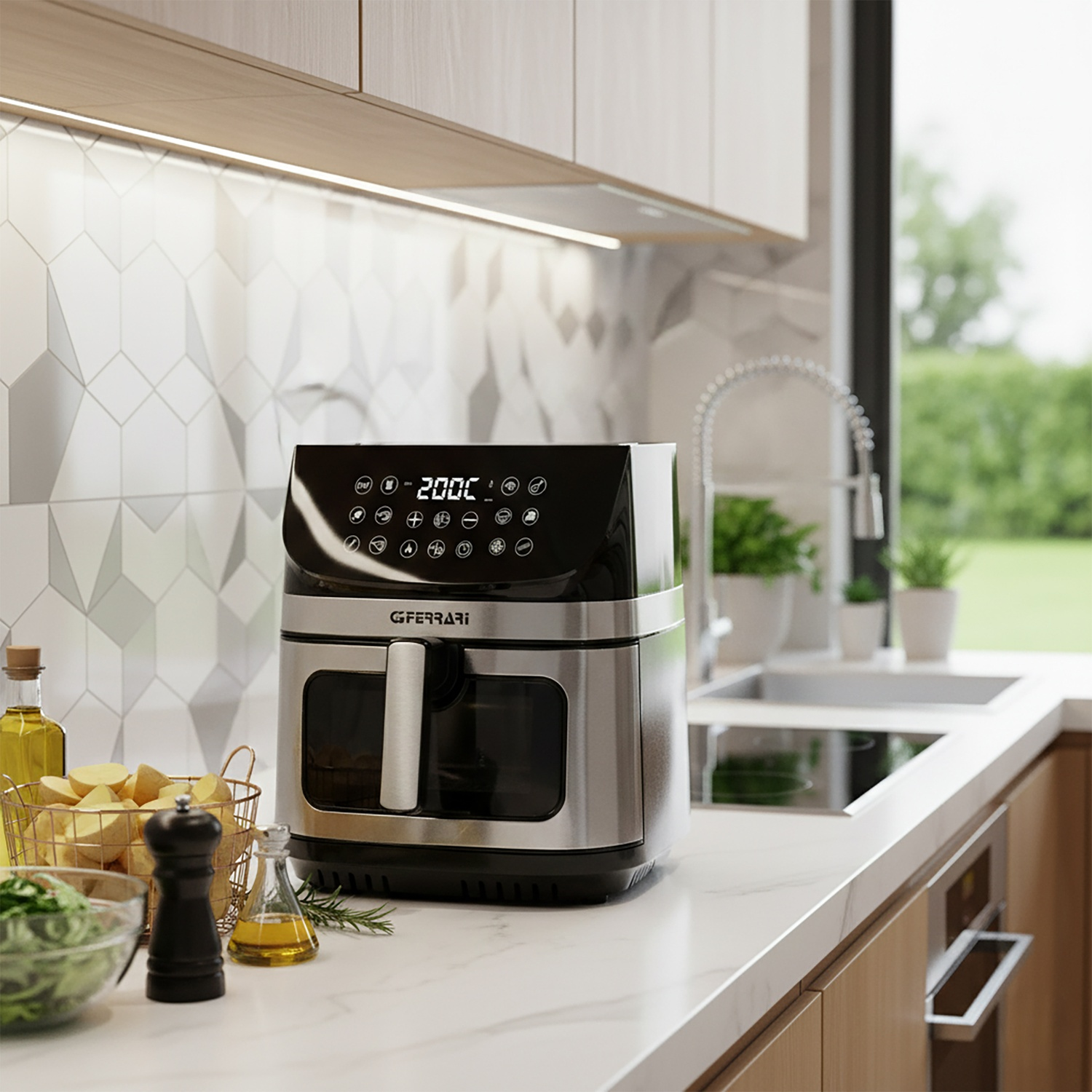 Una friggitrice ad aria in acciaio inox su un piano cucina in marmo. Ingredienti accanto.