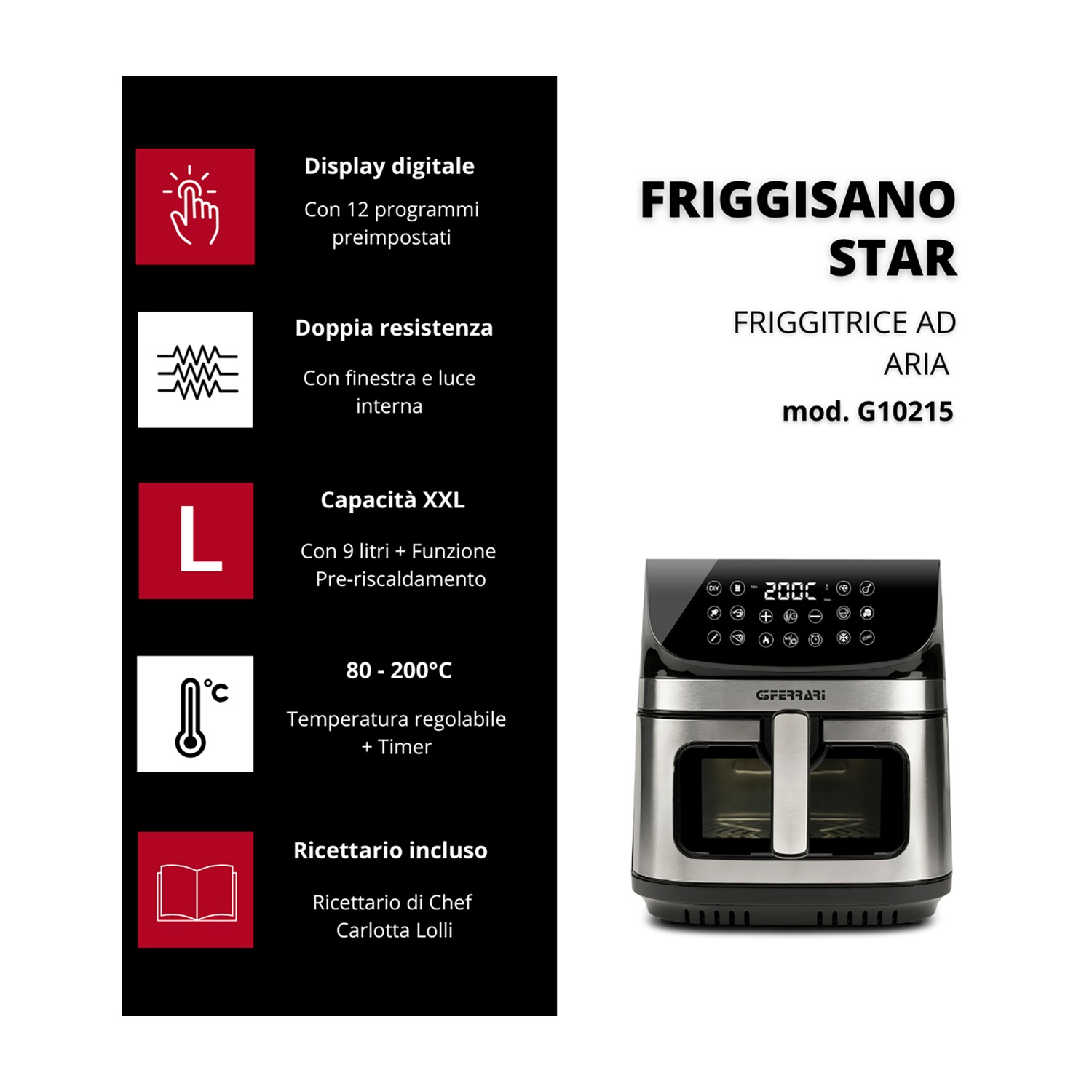 Elegante corpo friggitrice ad aria in acciaio inox con display digitale e controlli.