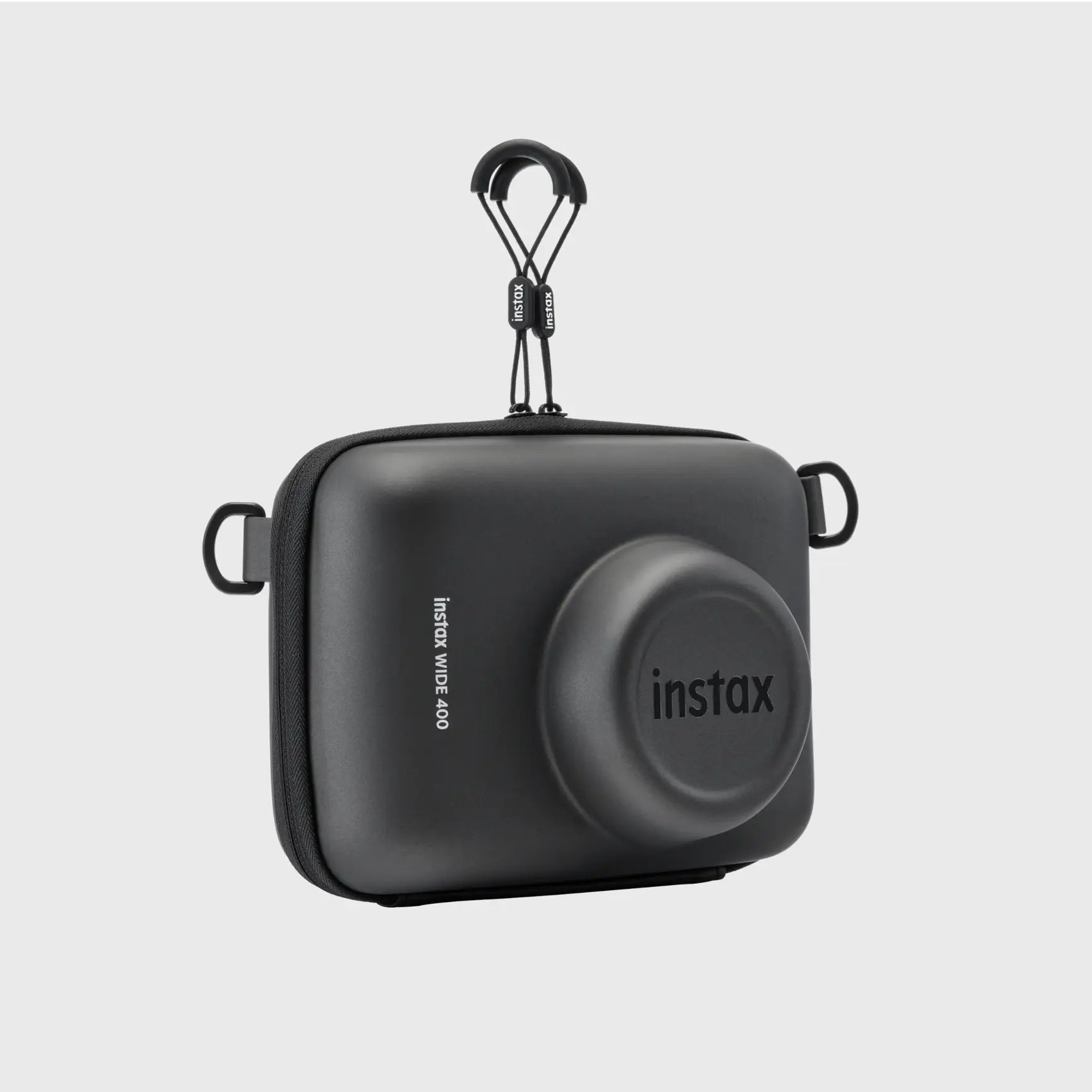 Funda negra para cámara con logo Instax y correa.