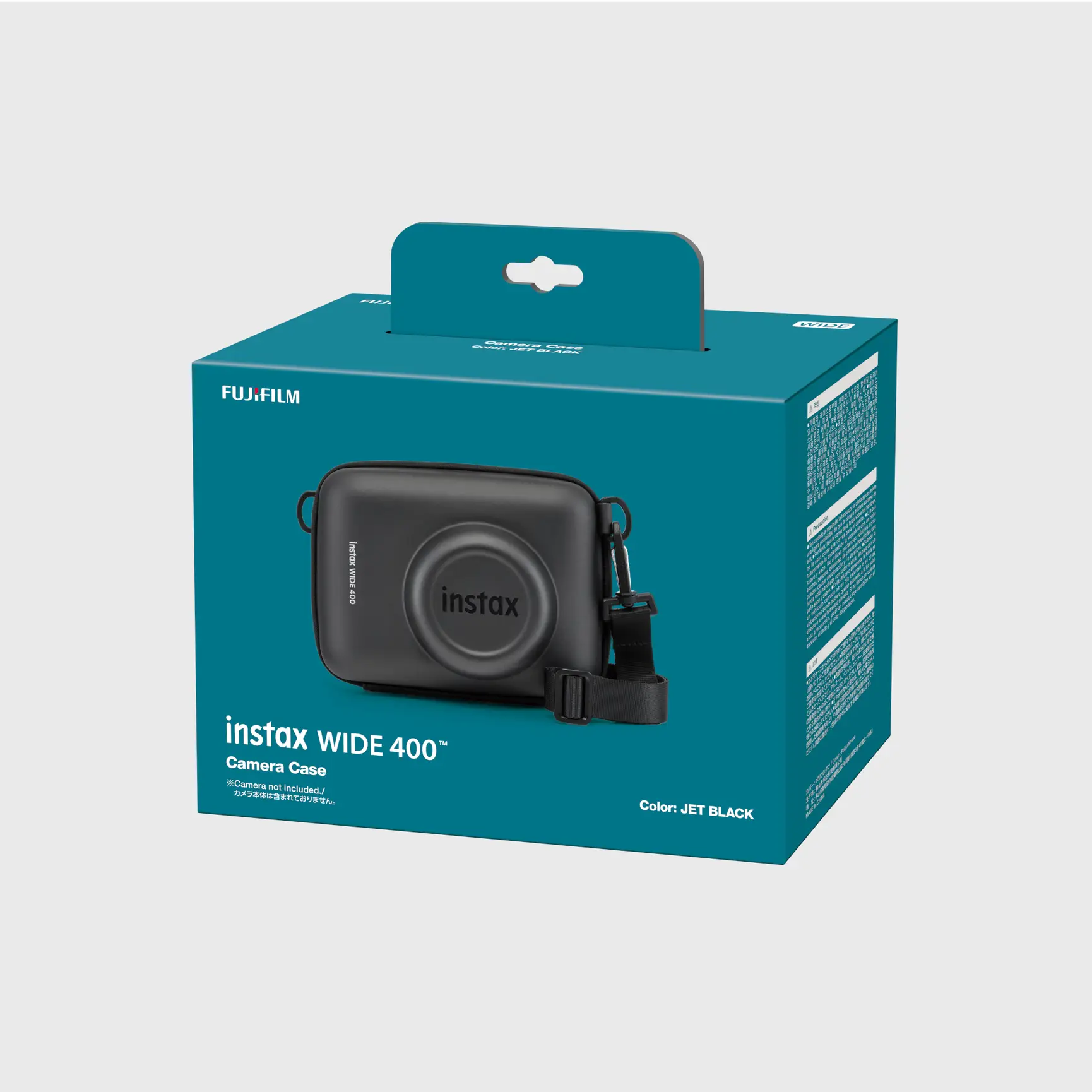 Embalaje para funda de cámara Instax Wide 400 en negro. Muestra una funda negra.