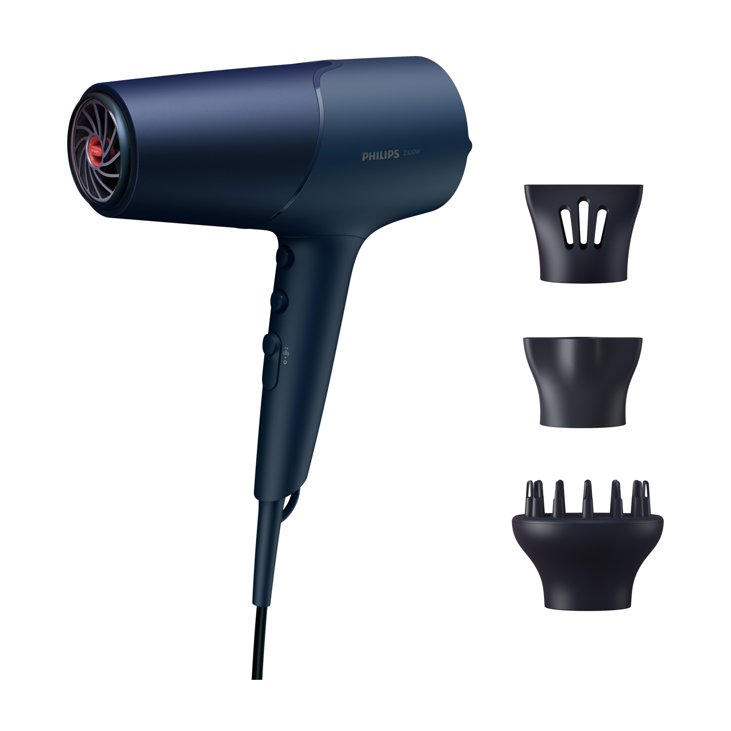 Asciugacapelli Philips blu scuro con tre accessori su sfondo bianco.