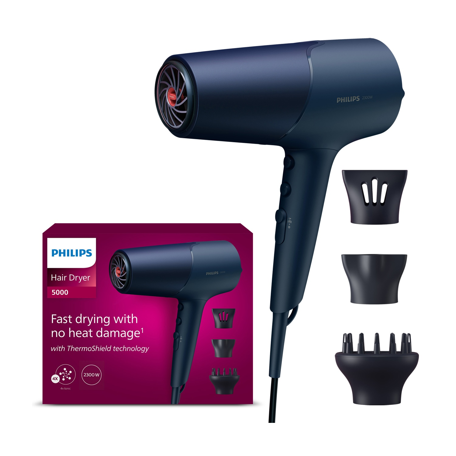 Asciugacapelli Philips 5000 blu scuro con accessori e confezione.
