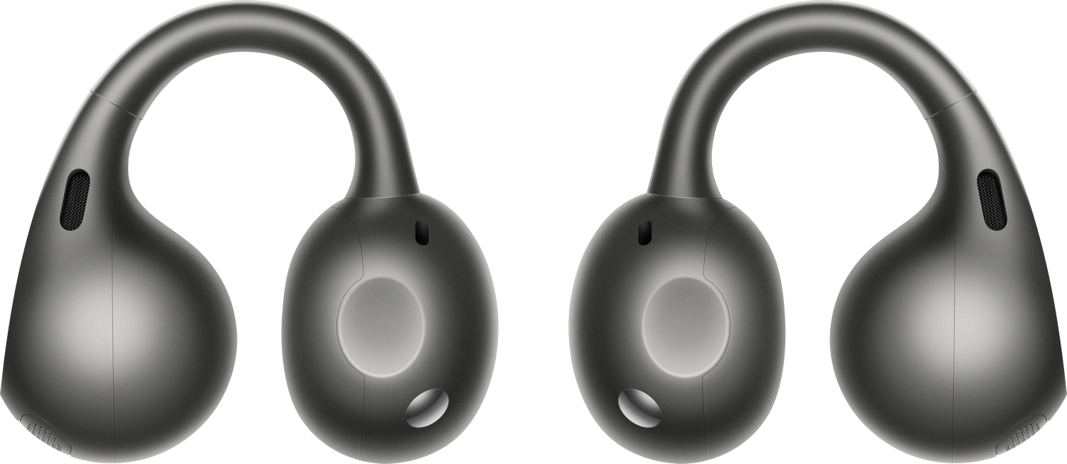 Dos auriculares grises con diadema curva sobre fondo gris.