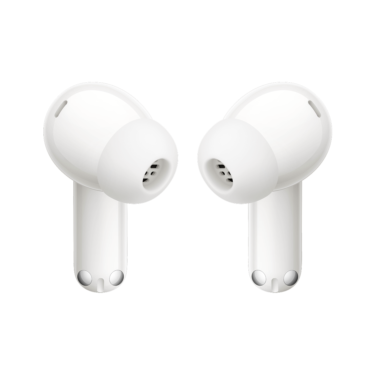 Dos auriculares inalámbricos blancos con rejillas negras sobre fondo negro.