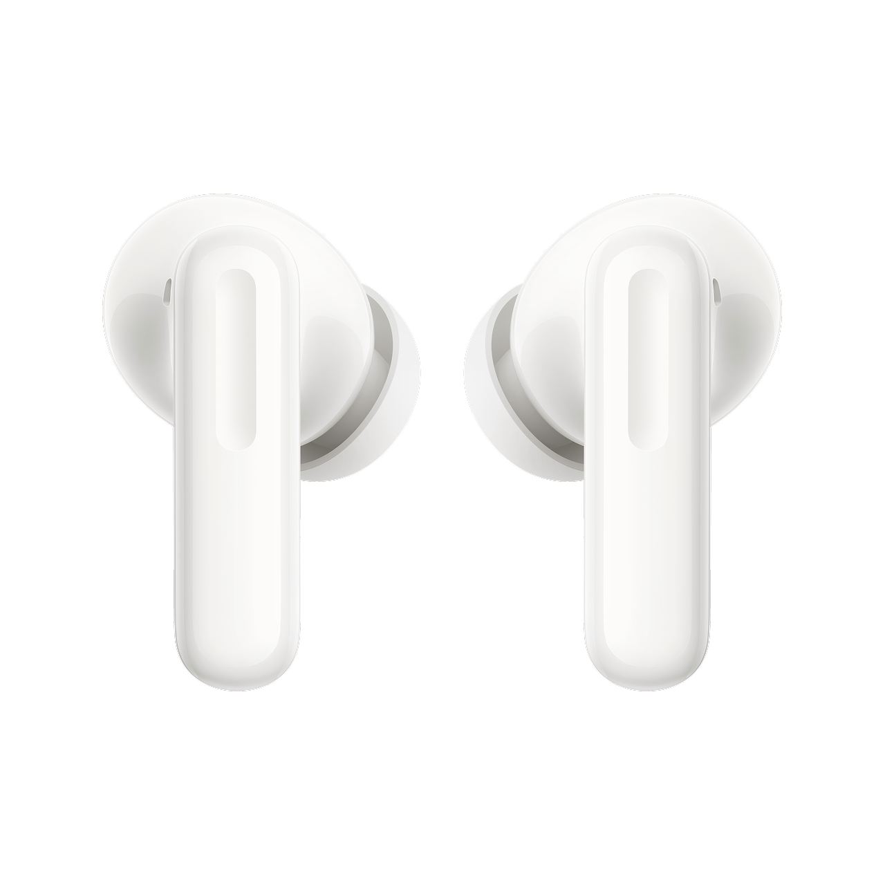 Dos auriculares inalámbricos blancos sobre fondo negro.