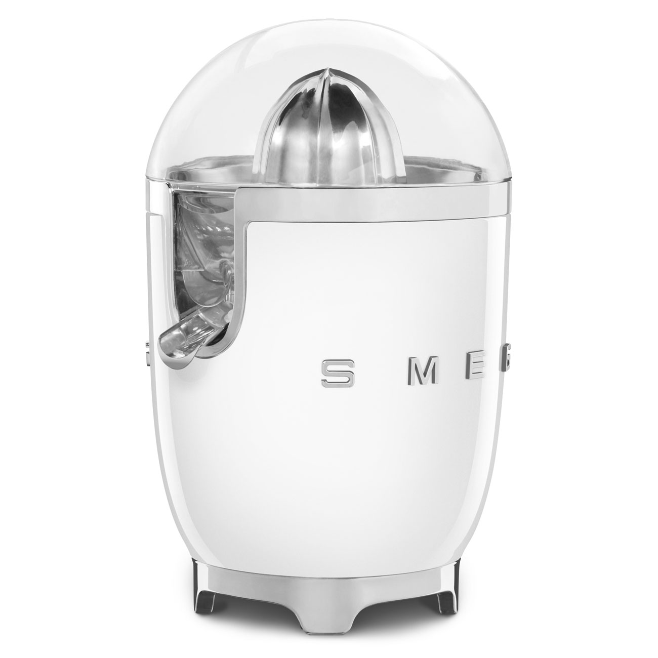 Exprimidor cítrico SMEG blanco con detalles cromados y tapa transparente.