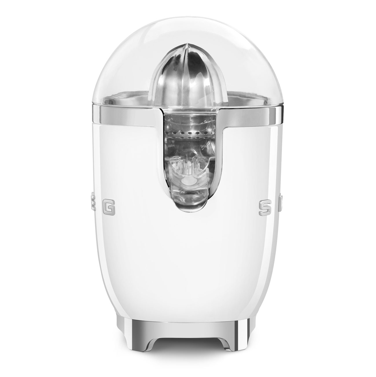 Un exprimidor de cítricos Smeg blanco con cúpula transparente y detalles cromados.