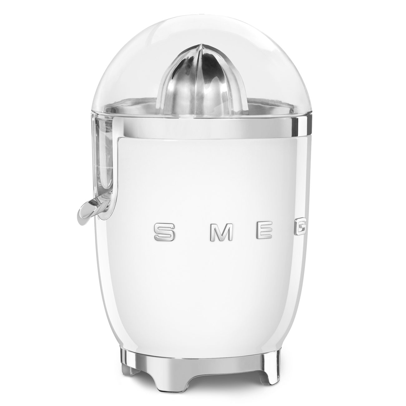 Un exprimidor de cítricos SMEG blanco con cúpula transparente y detalles cromados.