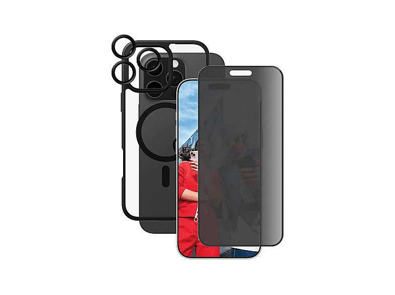PanzerGlass Care Flagship 3-in-1 Privacy Set Backcover, für Apple iPhone 16 Pro Max, Transparent/Schwarz; Schutzhülle, Display- und Kameraschutzglas