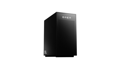 Torre de PC OMEN negra sobre fondo blanco, con logo iluminado.