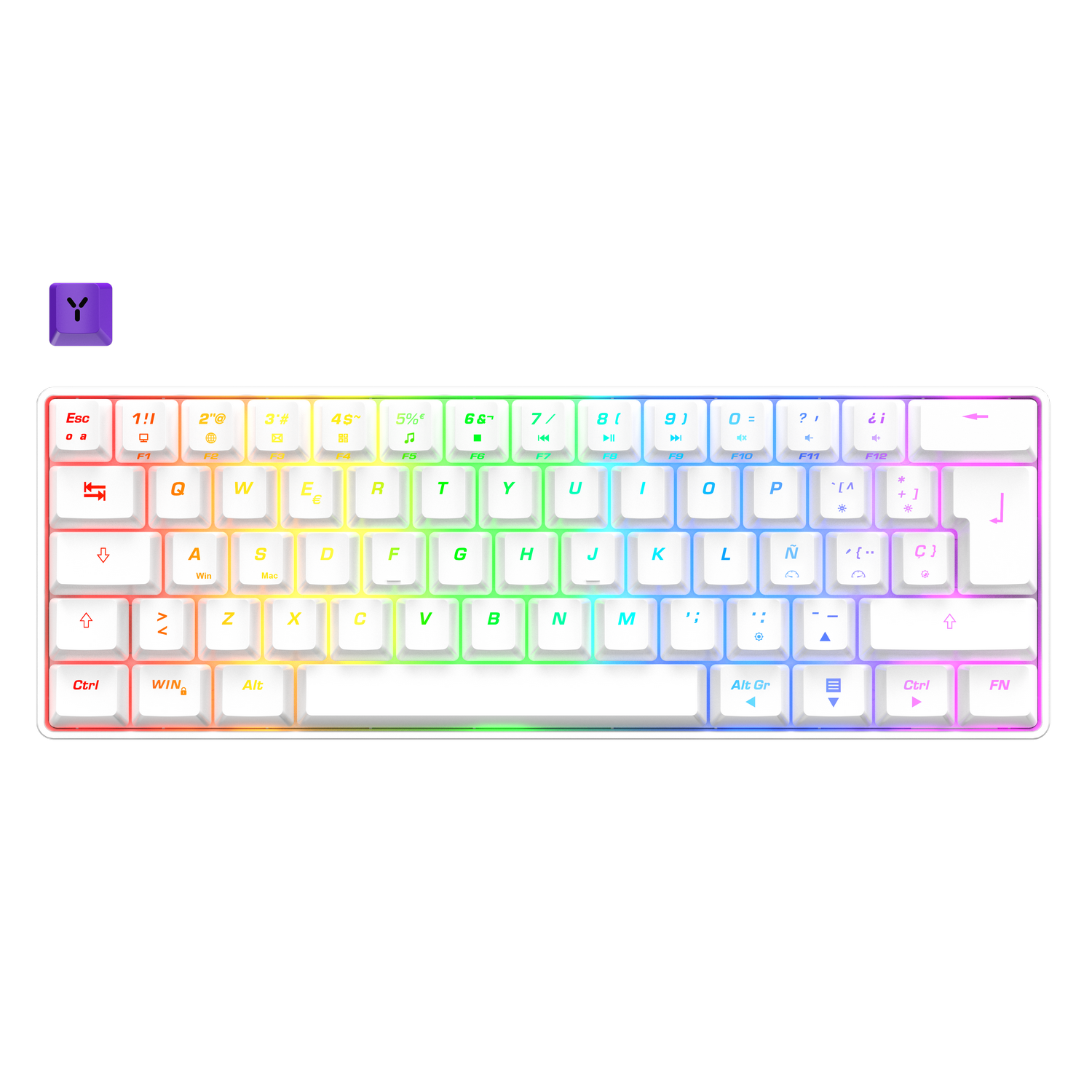 Una tecla morada y un teclado blanco con teclas coloridas sobre fondo negro.