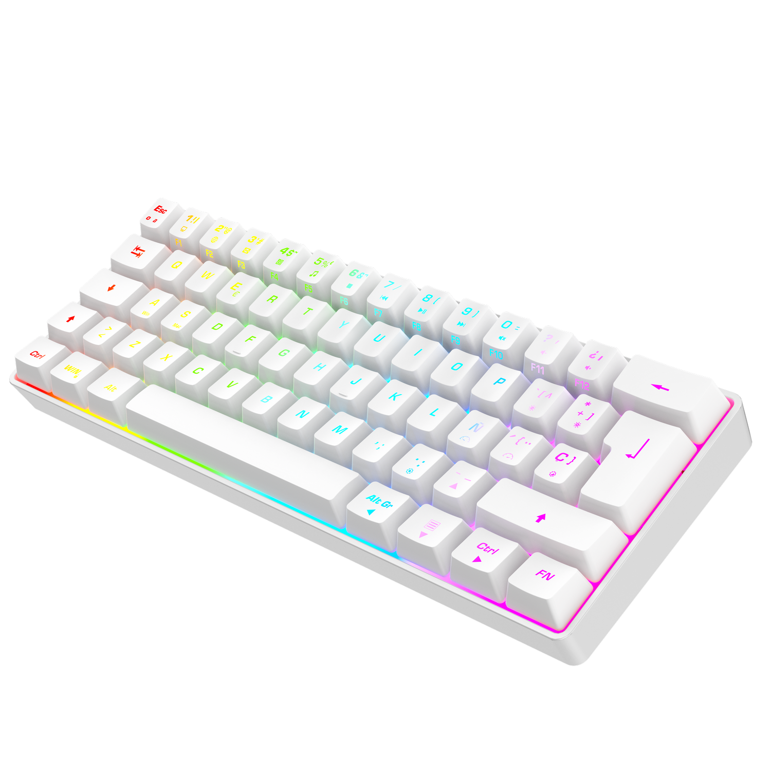 Un teclado compacto blanco con iluminación RGB.