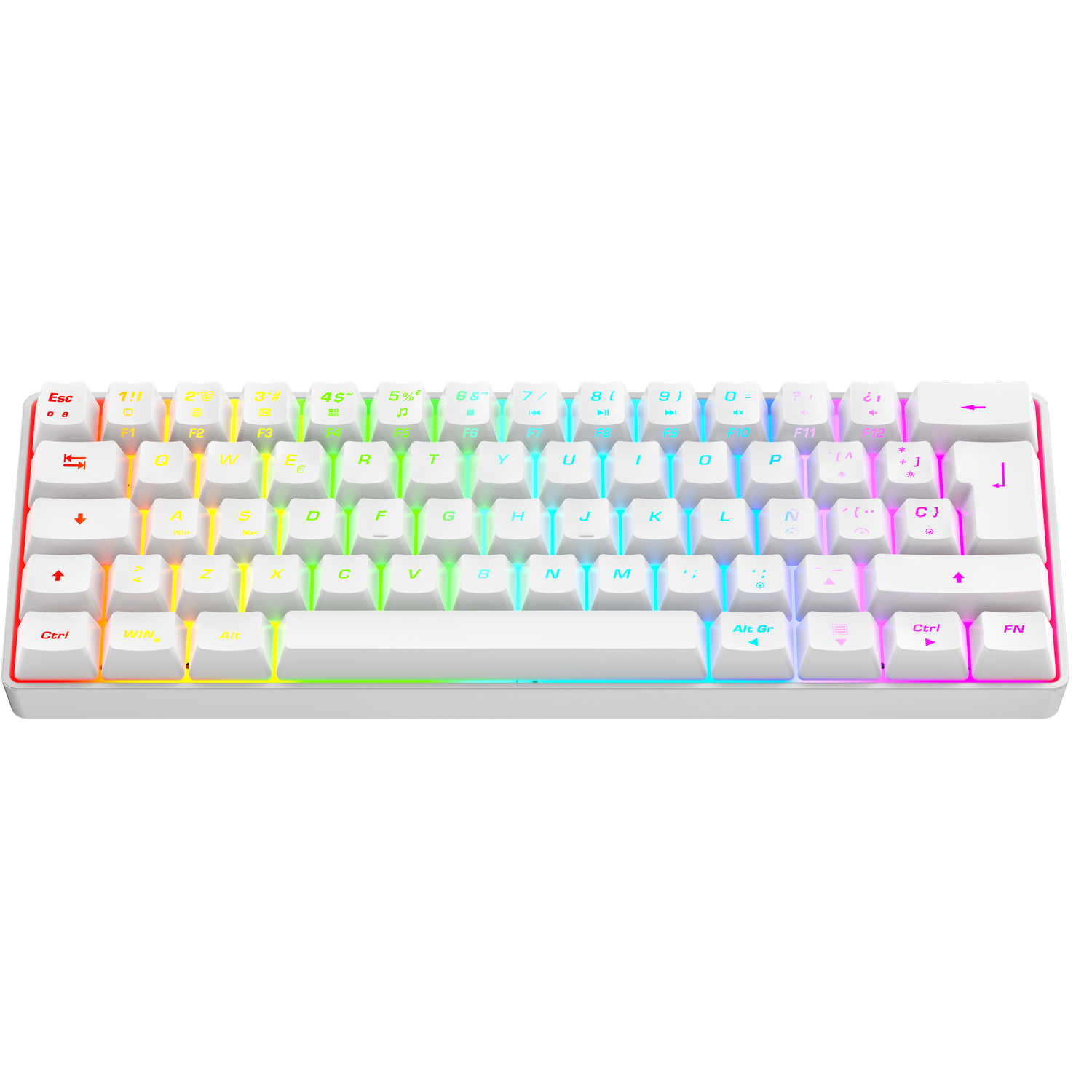 Un teclado blanco con iluminación RGB, mostrado sobre fondo negro.