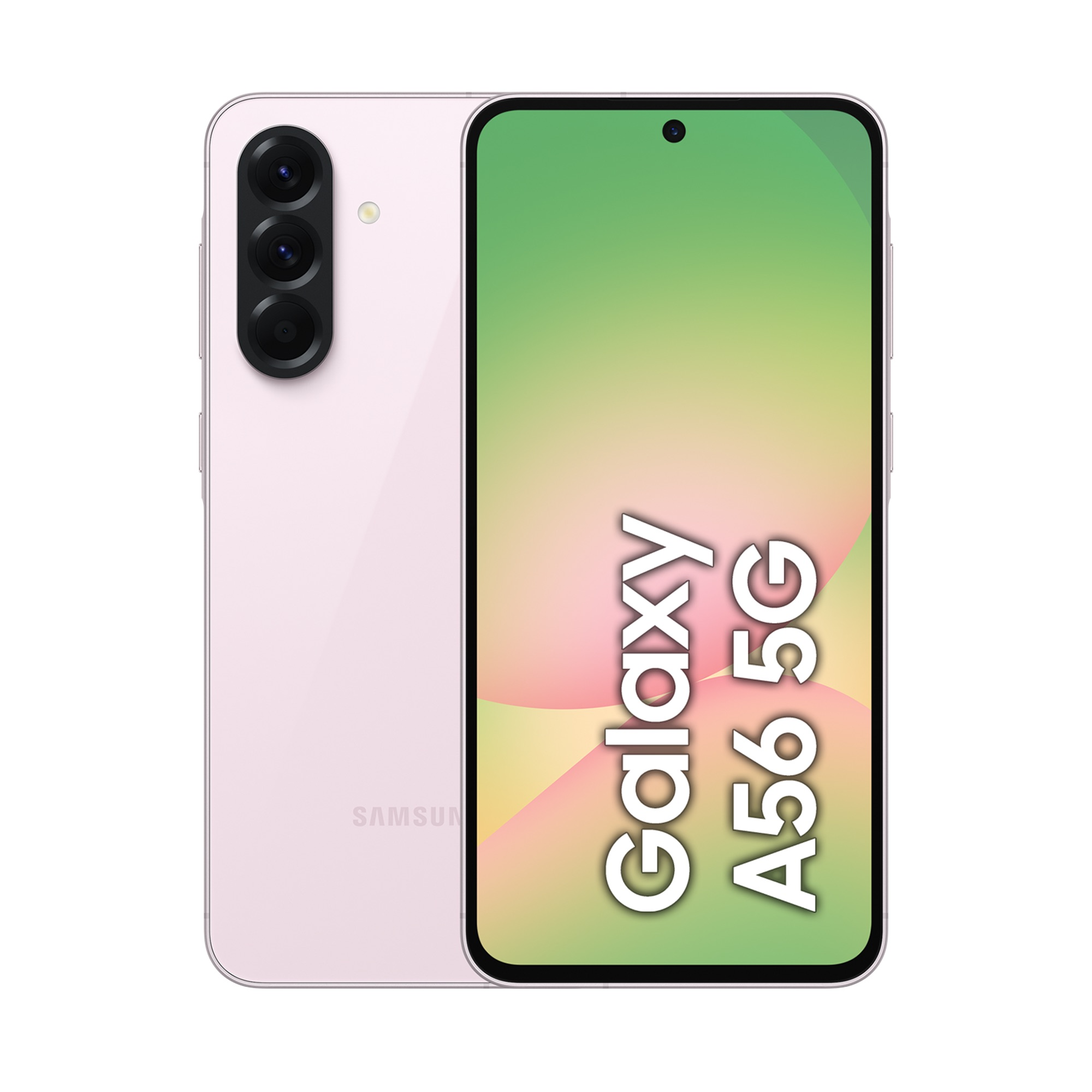 Różowy smartfon Samsung Galaxy A56 5G z potrójnym aparatem z tyłu.
