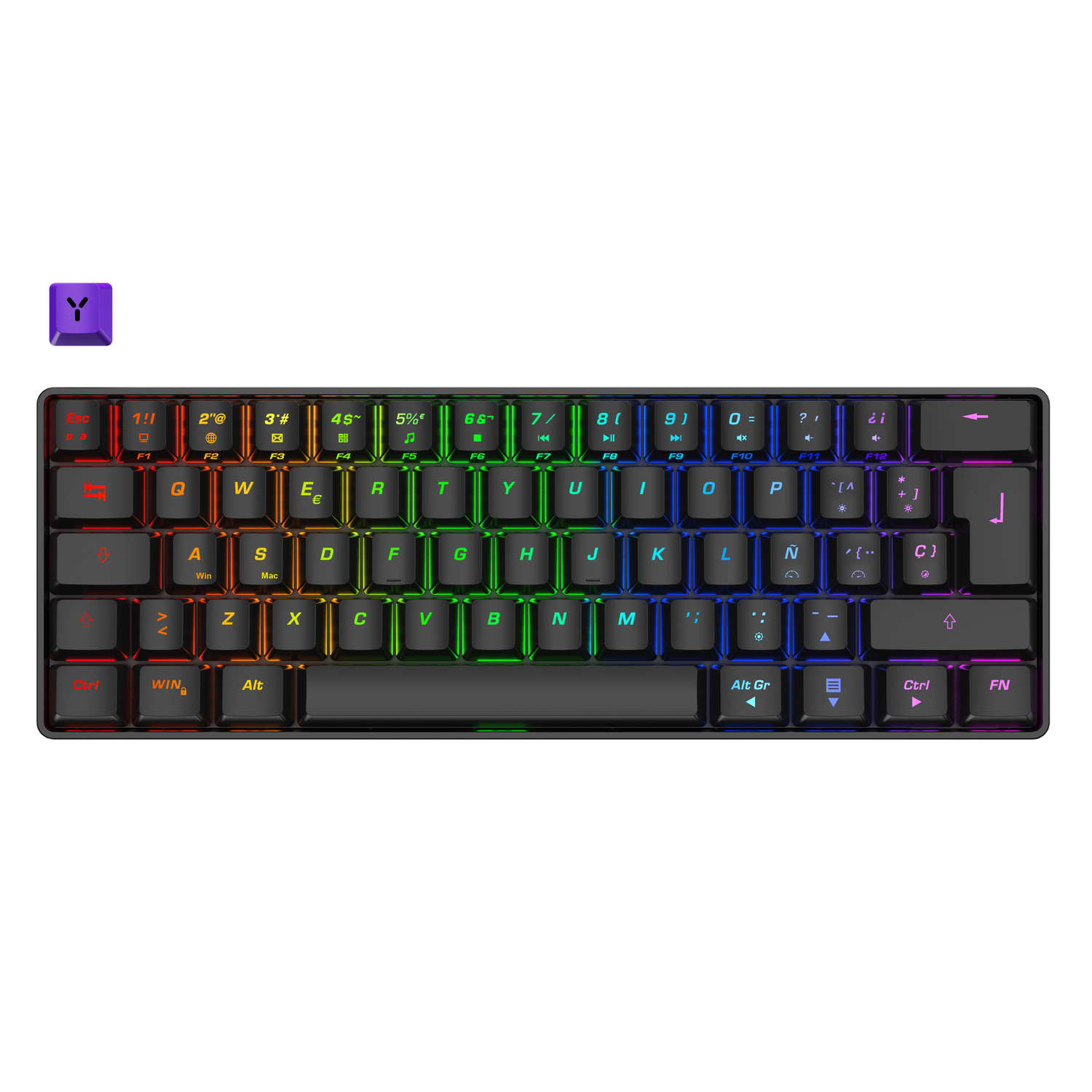 Una tecla morada y un teclado negro con iluminación RGB.