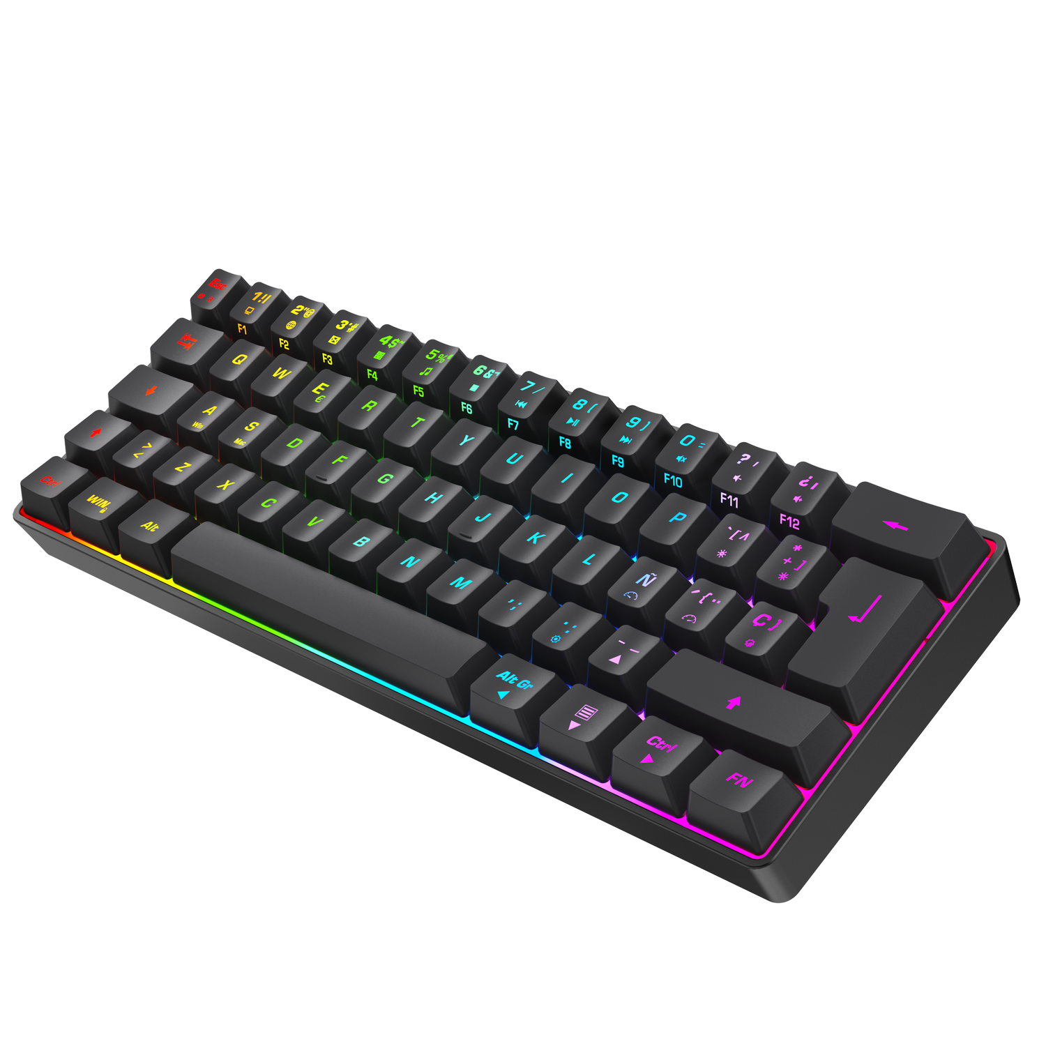 Un teclado mecánico negro con iluminación RGB se asienta sobre un fondo negro.