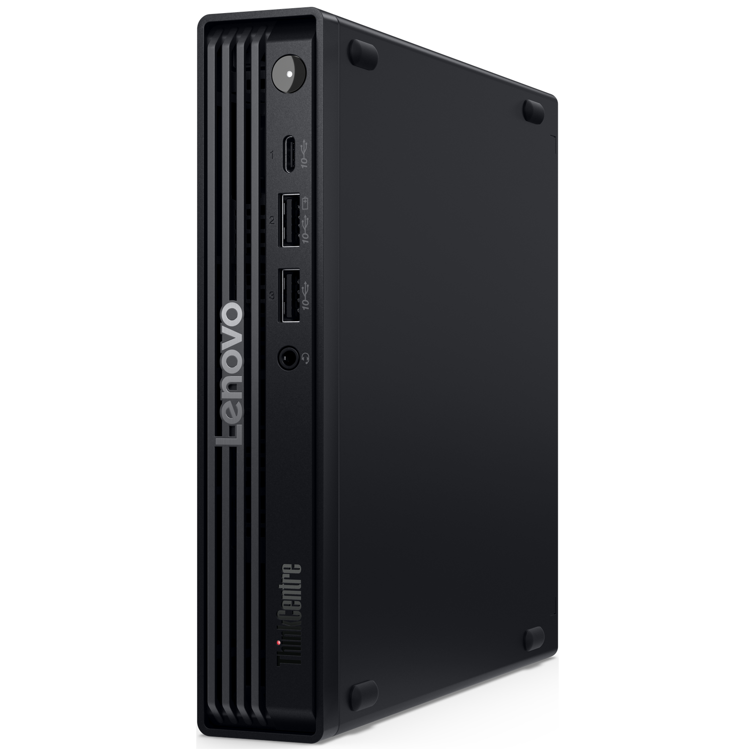 Zwarte Lenovo ThinkCentre mini-pc met USB-poorten en ventilatiesleuven.