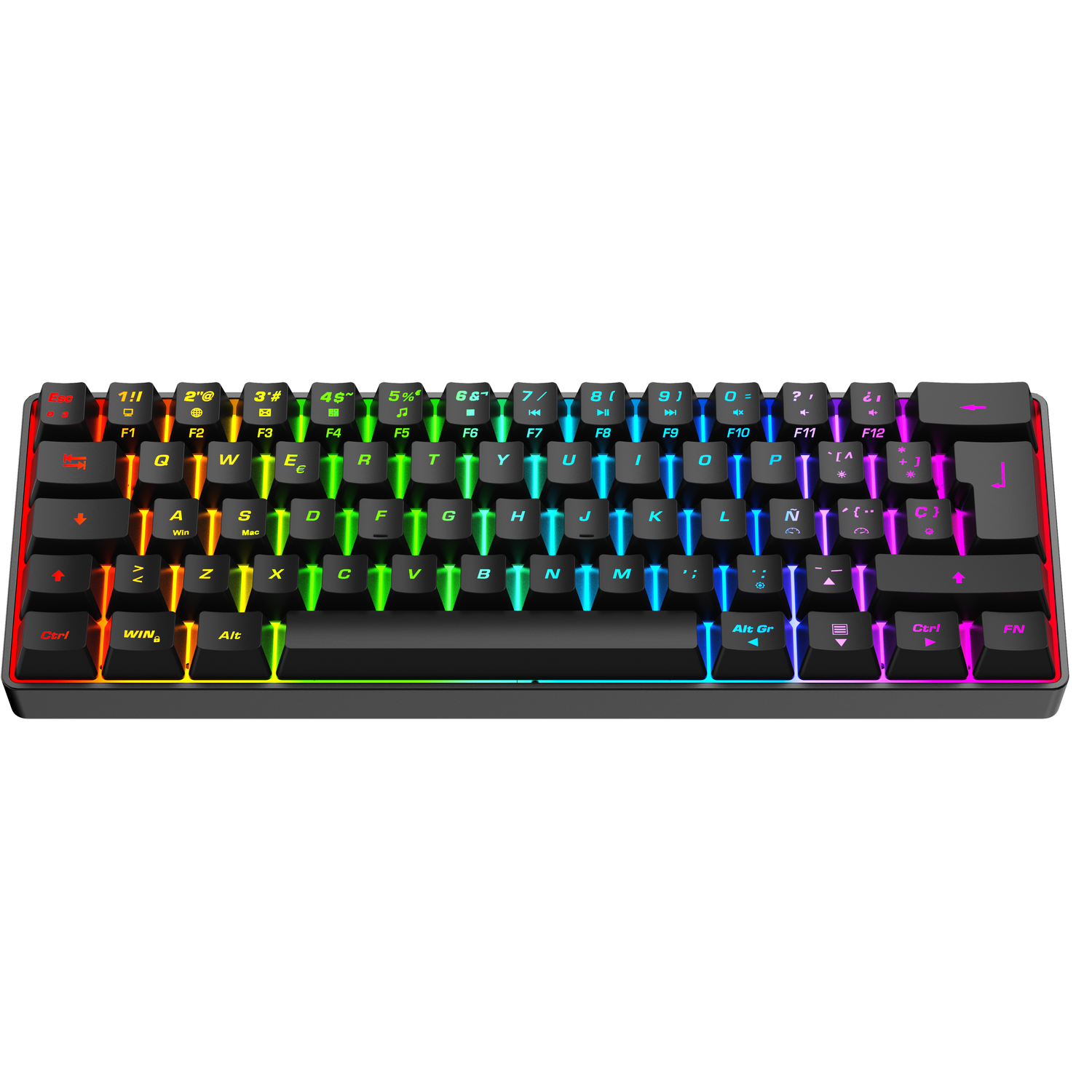 Un teclado compacto con iluminación RGB, sobre un fondo negro.