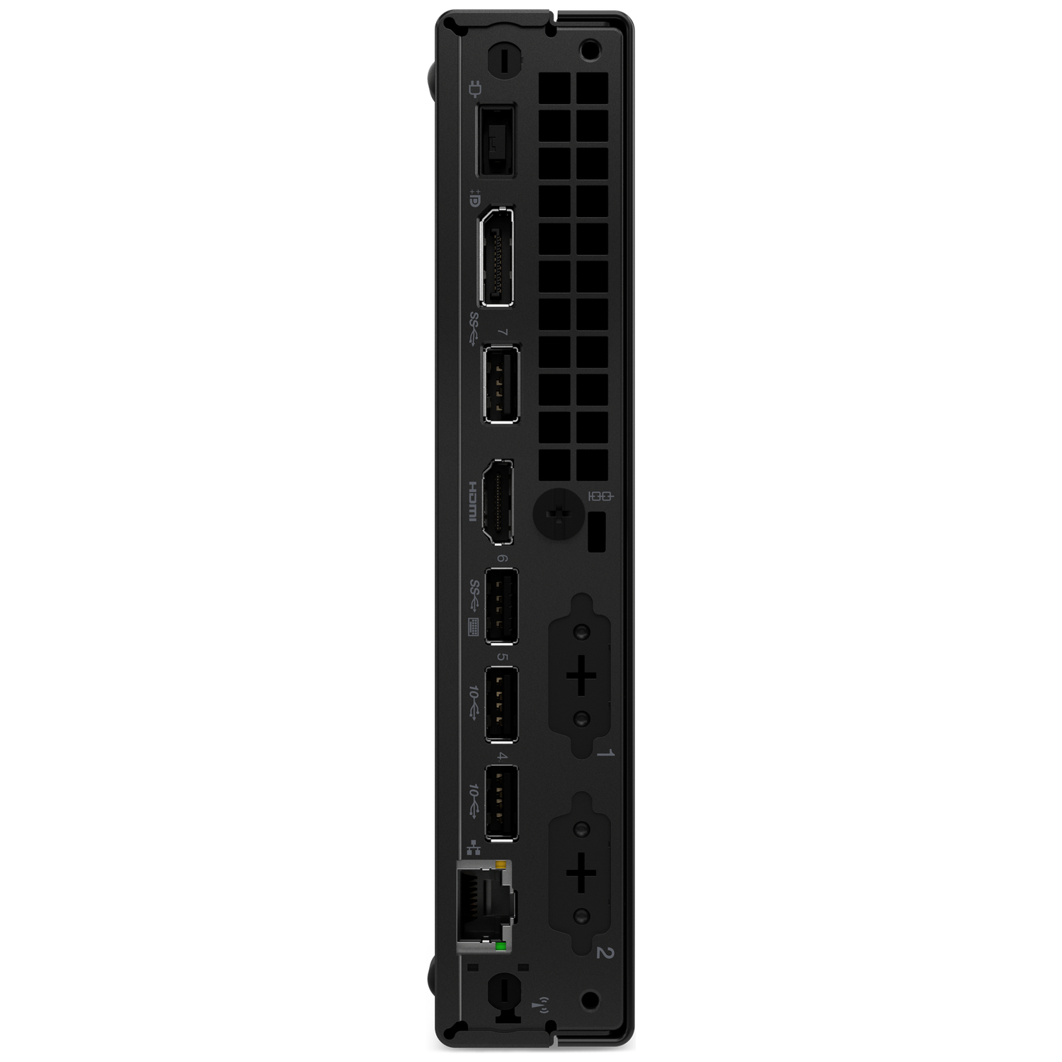 Achterkant van een zwarte mini-pc met diverse poorten en ventilatieopeningen.