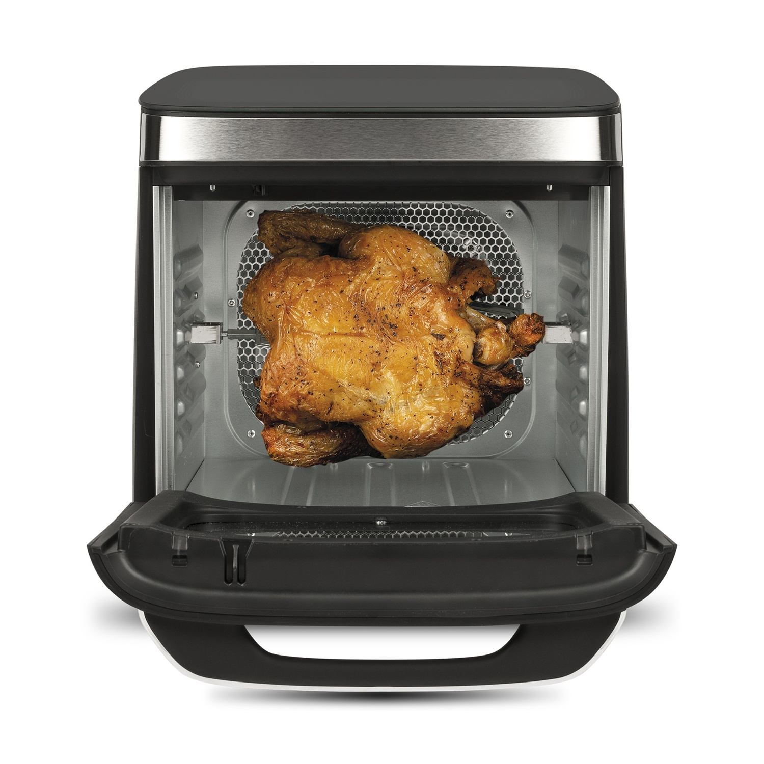 Un pollo arrosto dorato ruota all'interno di un forno moderno argento e nero.