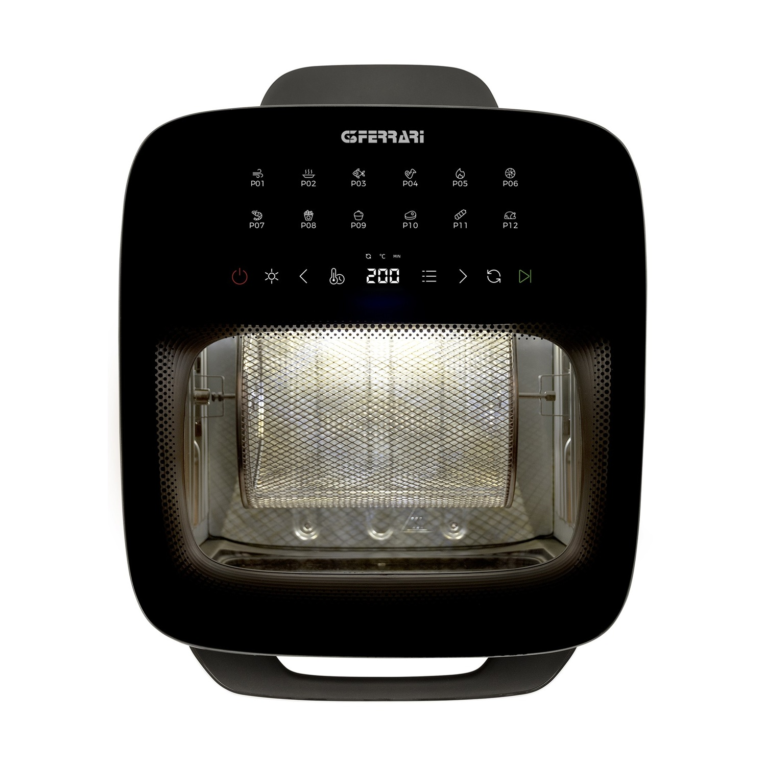 Friggitrice ad aria nera Gsferrari con display digitale che mostra 200 gradi e preset.