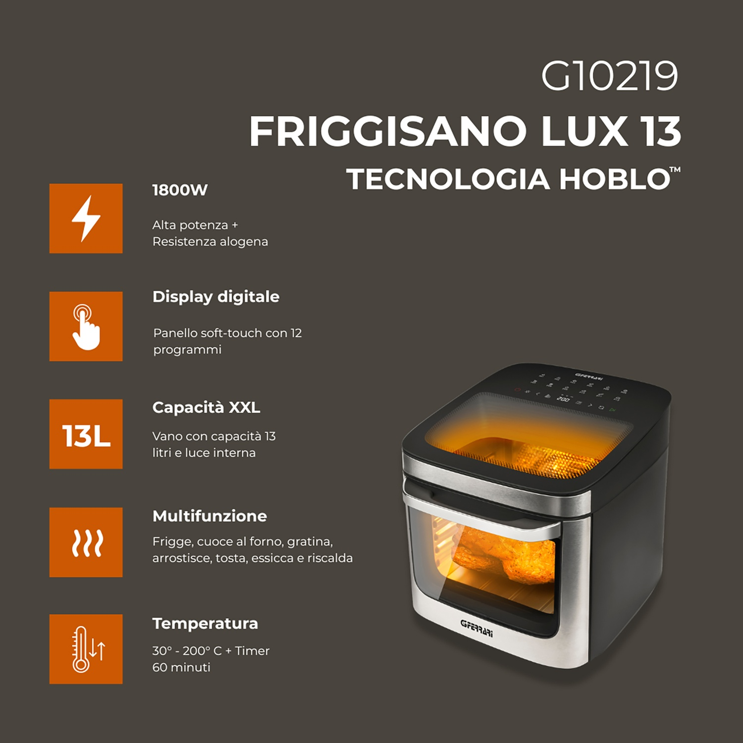 Friggisano Lux 13 con 1800W, capacità 13L e display digitale.