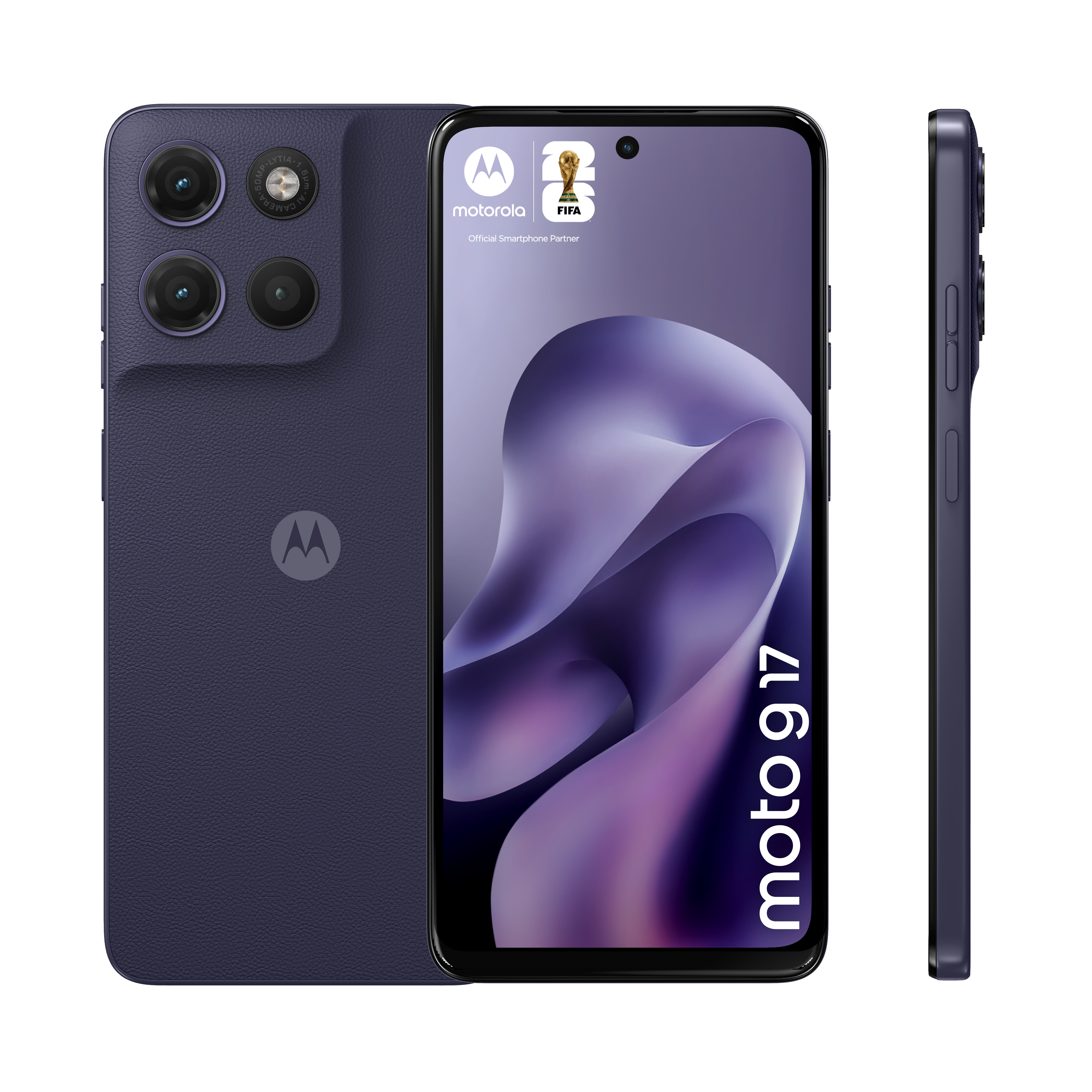 Trzy widoki fioletowego smartfona Motorola moto g 17 z logo FIFA.