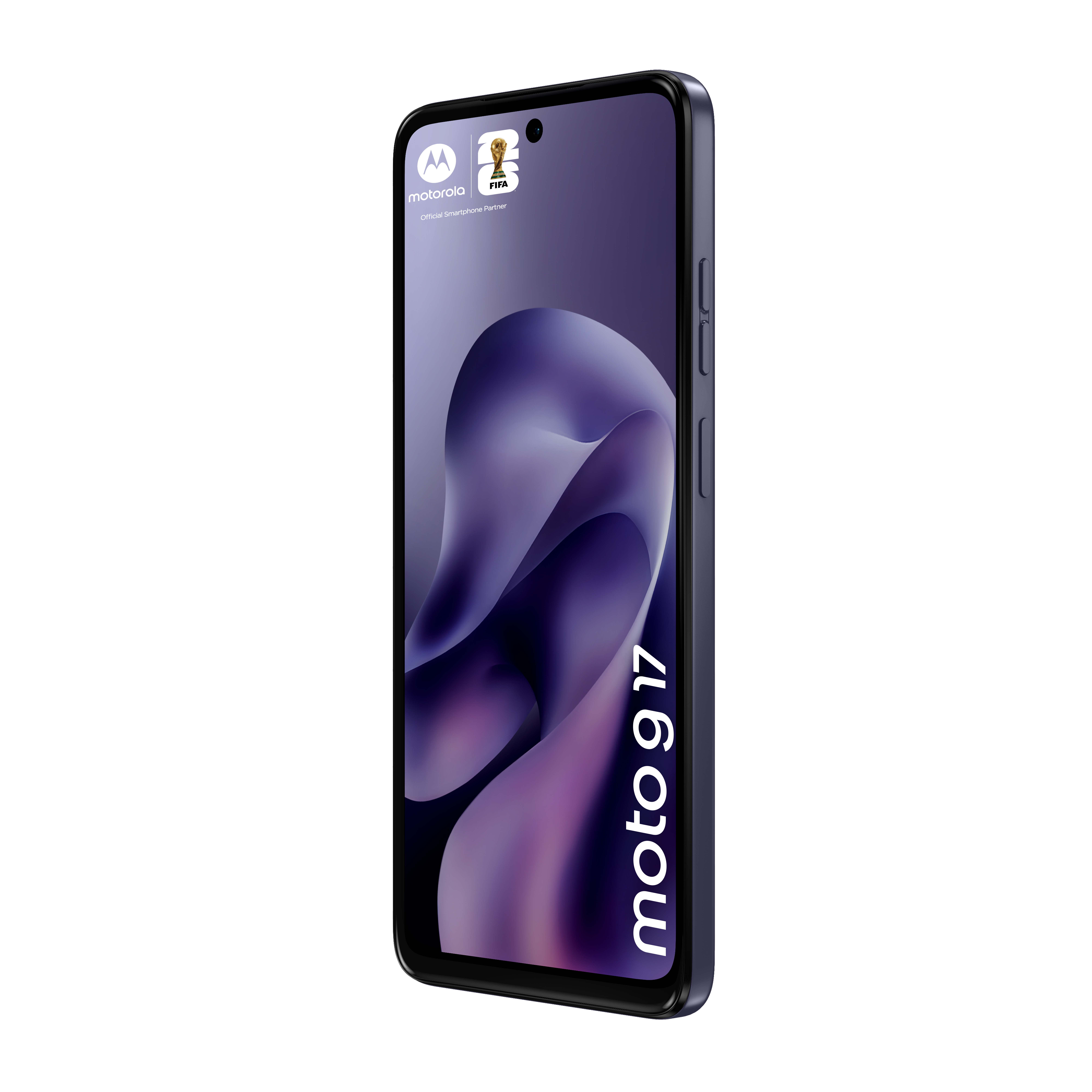 Ciemny smartfon Motorola Moto G 17 z logo FIFA na ekranie.