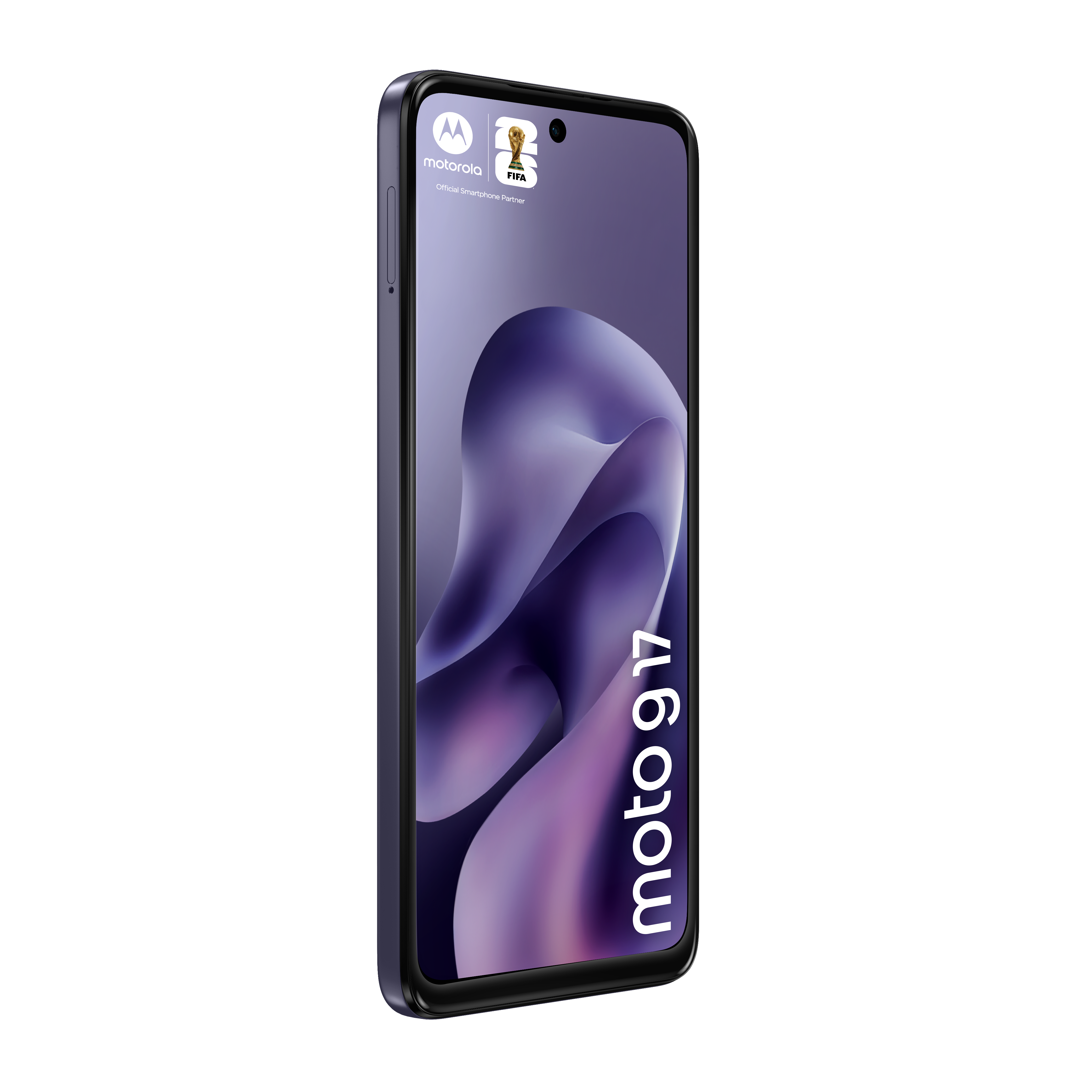 Ciemnoniebieski telefon Motorola z abstrakcyjną fioletową tapetą i logo FIFA.