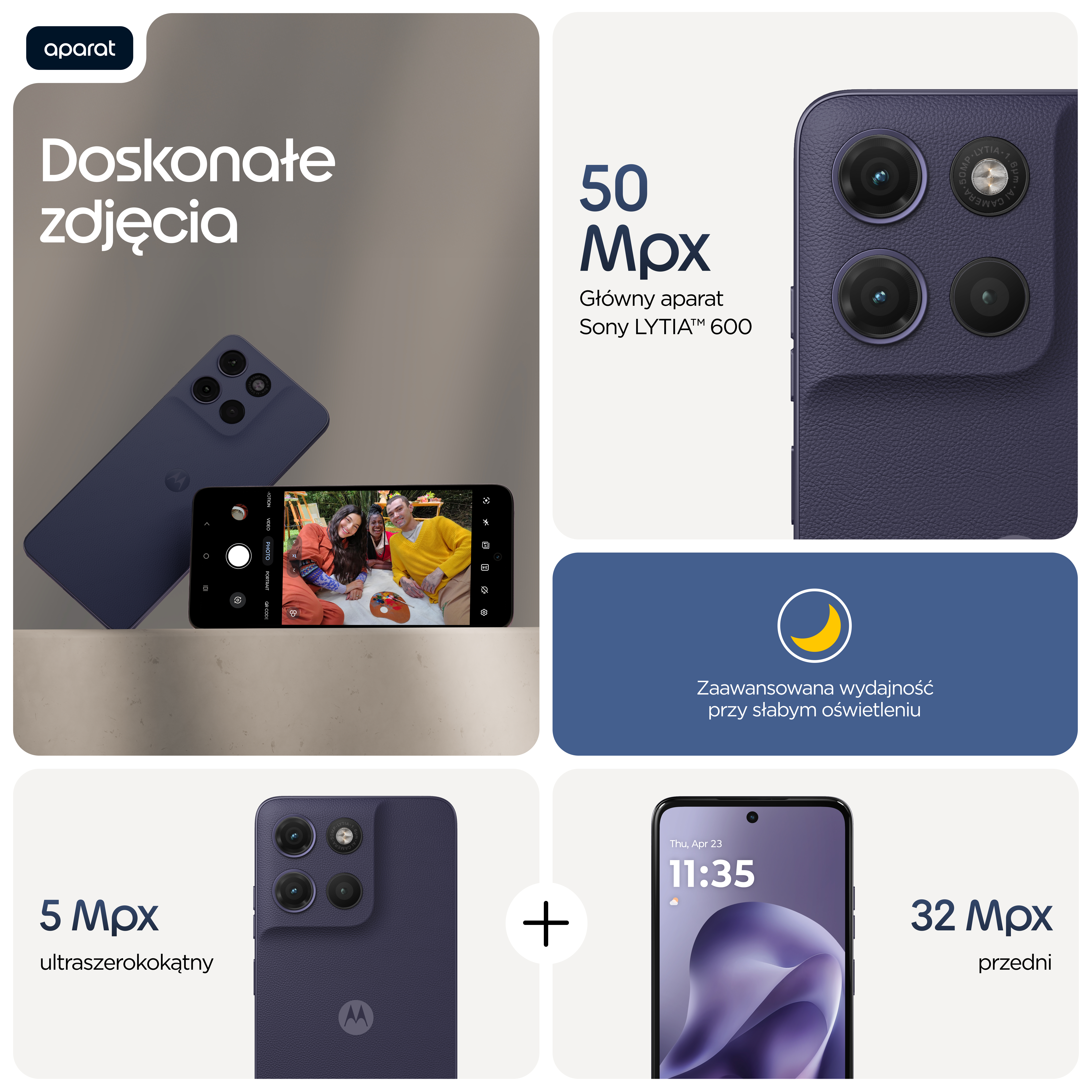 Smartfon z aparatem głównym 50 MP, ultraszerokokątnym 5 MP i przednim 32 MP.