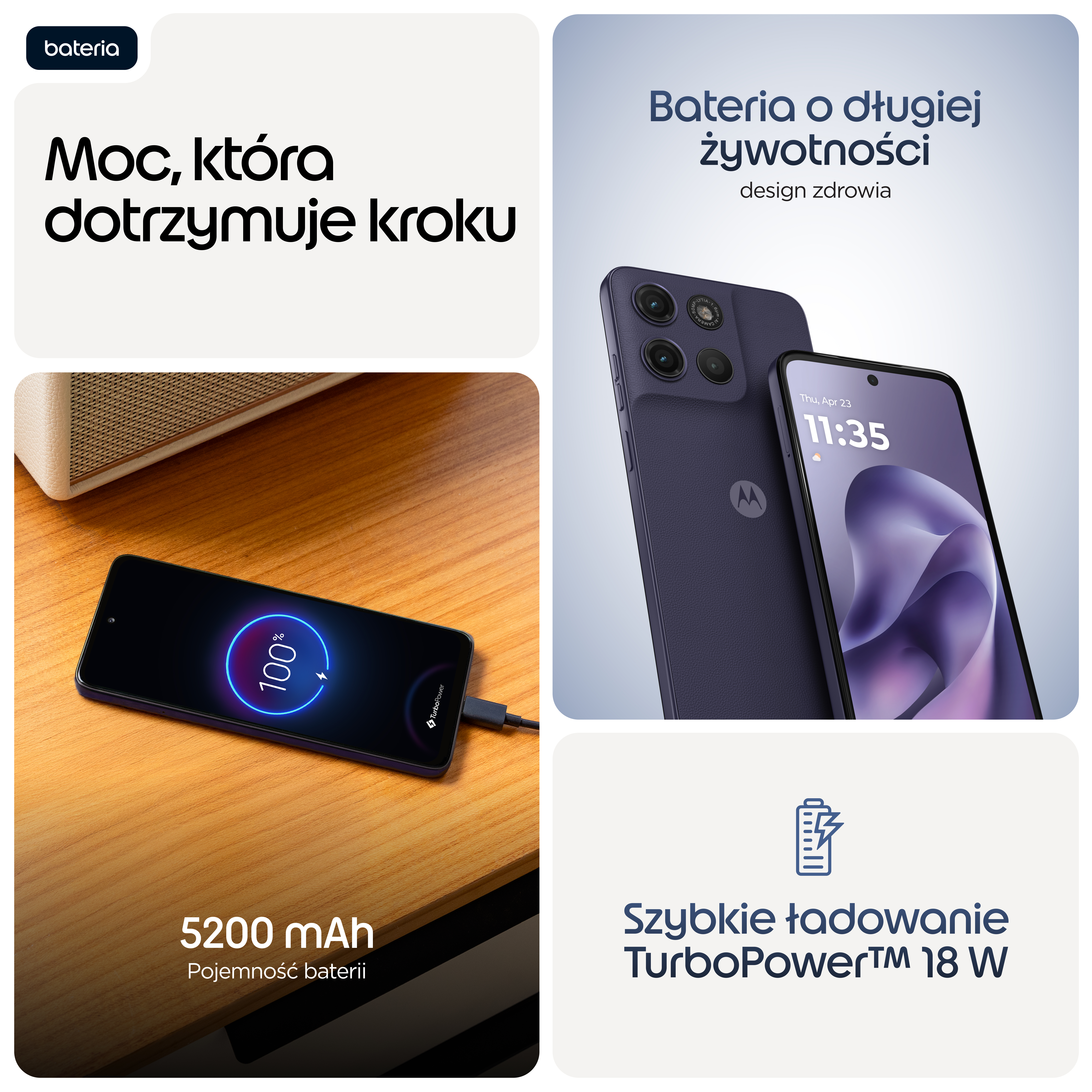 Trzy obrazy: Telefon ładuje się w 100%, telefony Motorola, bateria 5200 mAh.