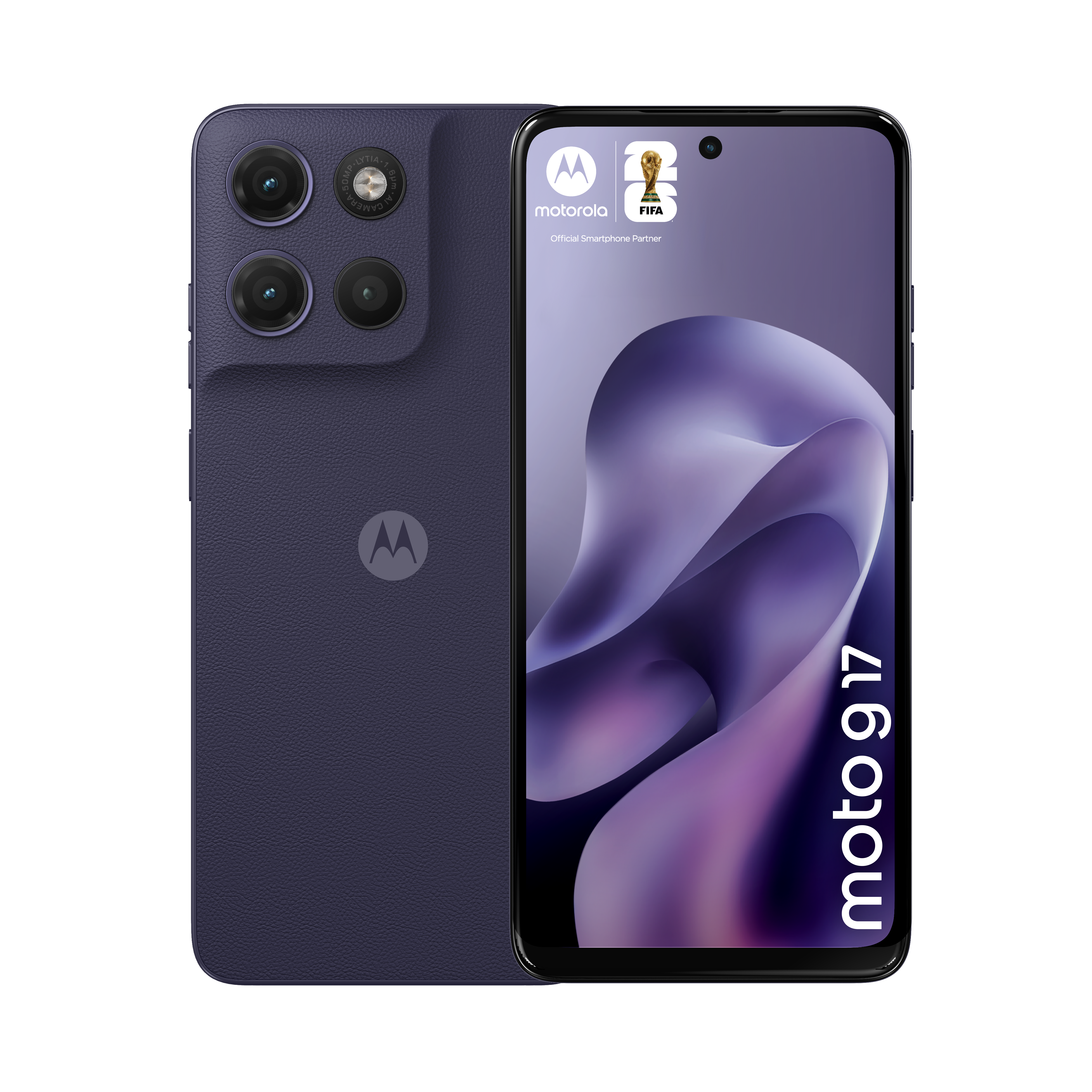 Ciemnoniebieski smartfon Motorola z trzema tylnymi kamerami i logo FIFA.