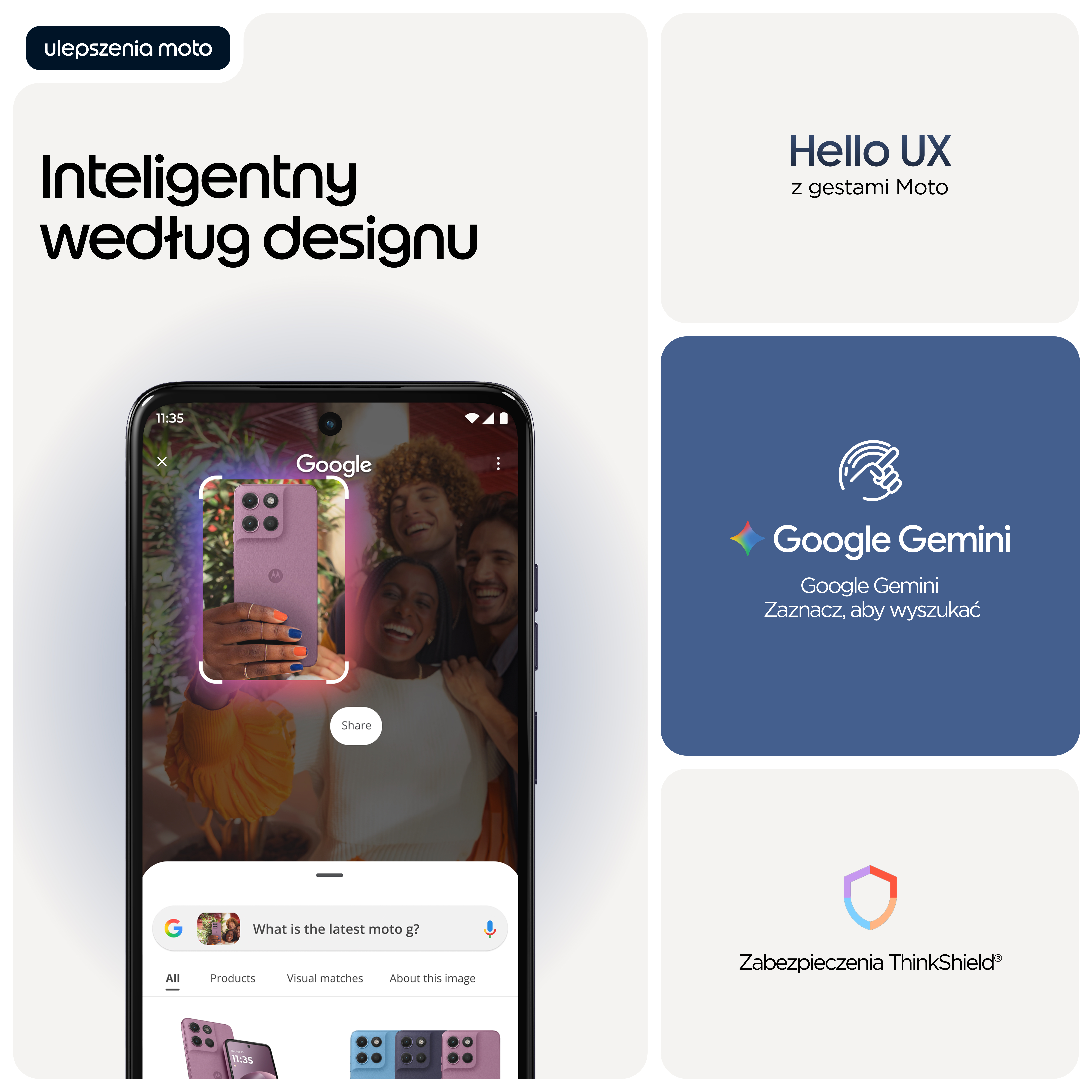 Smartfon wyświetla grupę uśmiechniętych osób. Obok znajdują się informacje o Moto UX, Google Gemini i ThinkShield.
