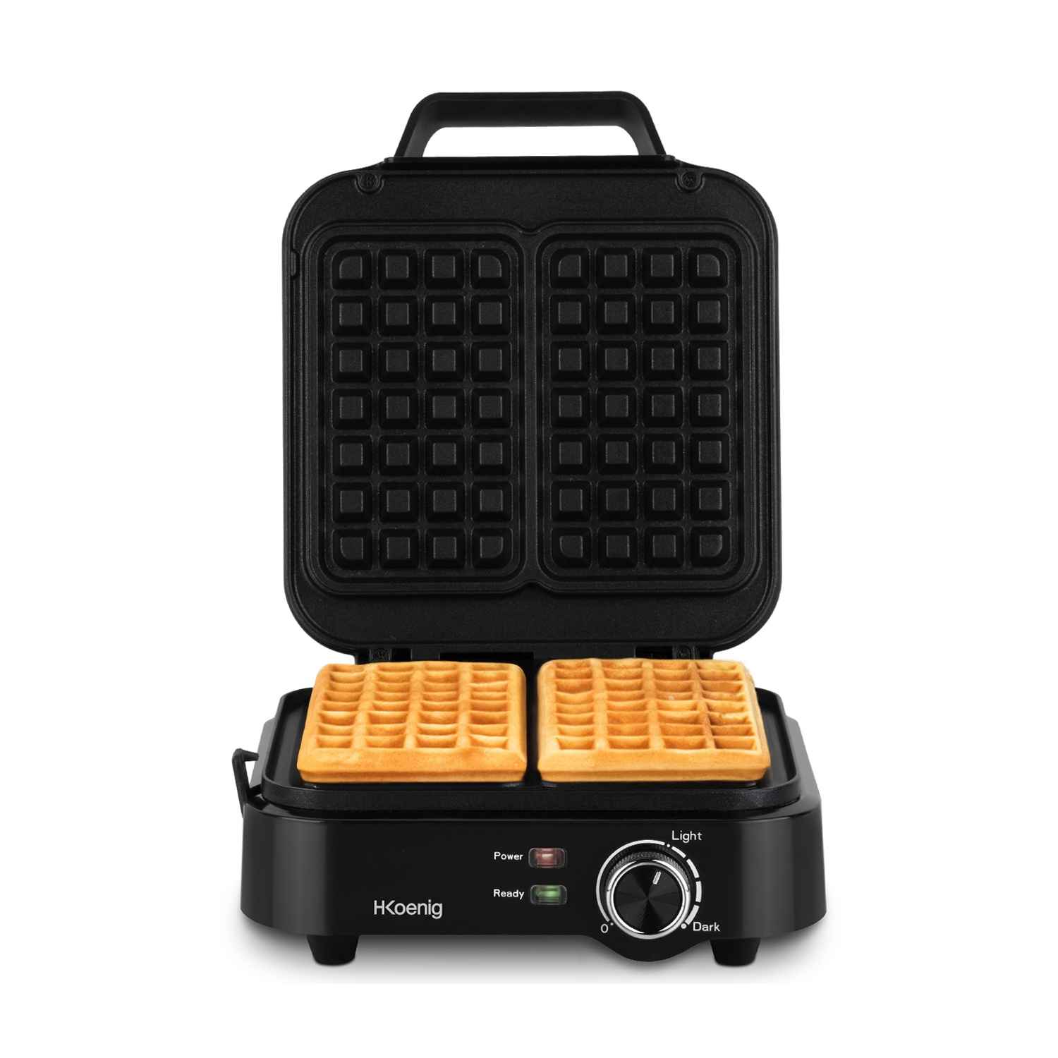 Macchina per waffle nera con due waffle cotti e manopole.