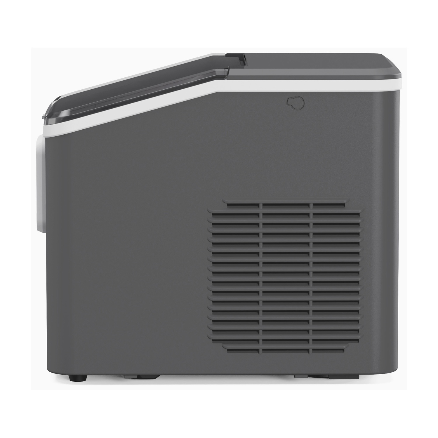 Macchina del ghiaccio grigia con finiture bianche, fessure di ventilazione e coperchio trasparente.