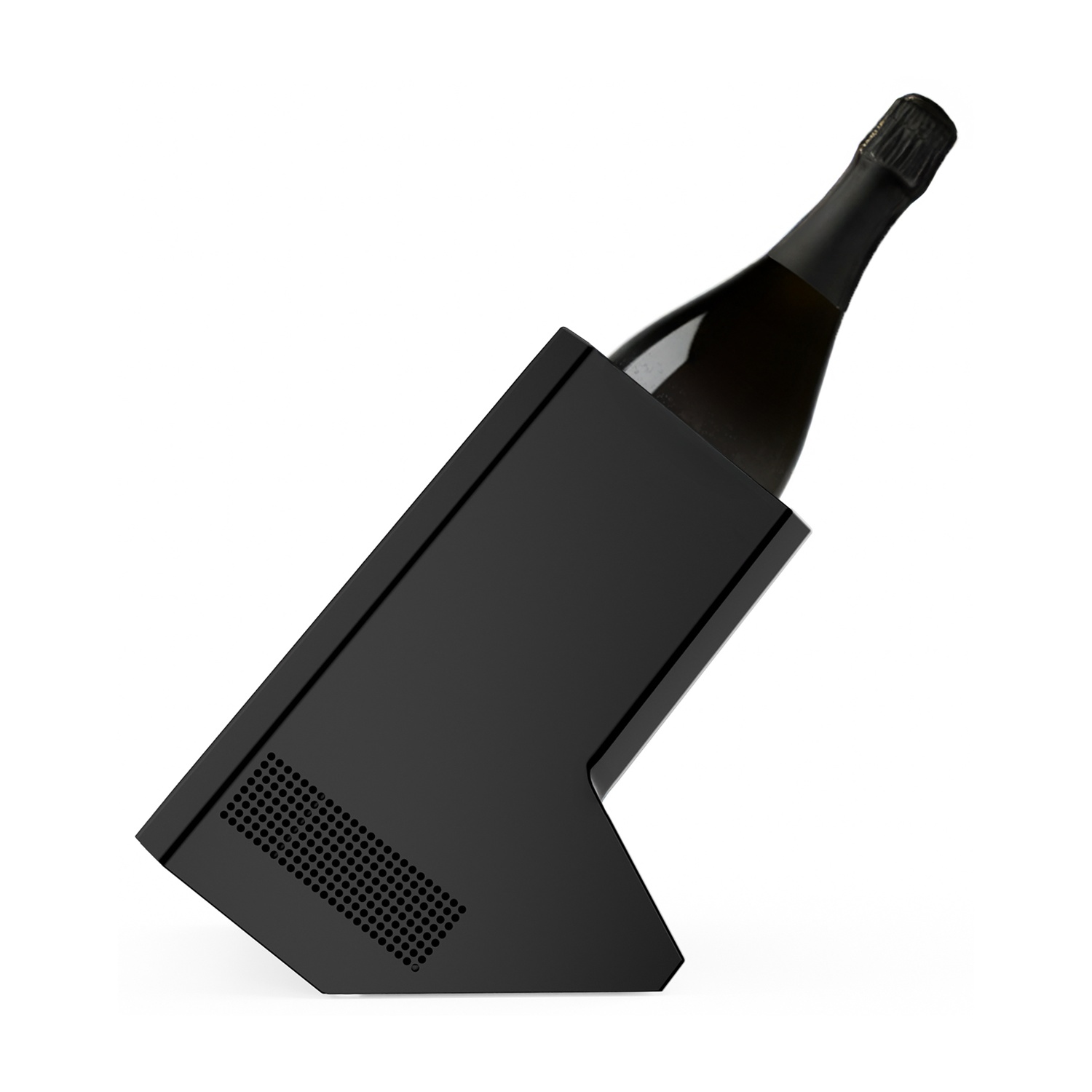 Portabottiglie nero per vino o champagne con perforazione.