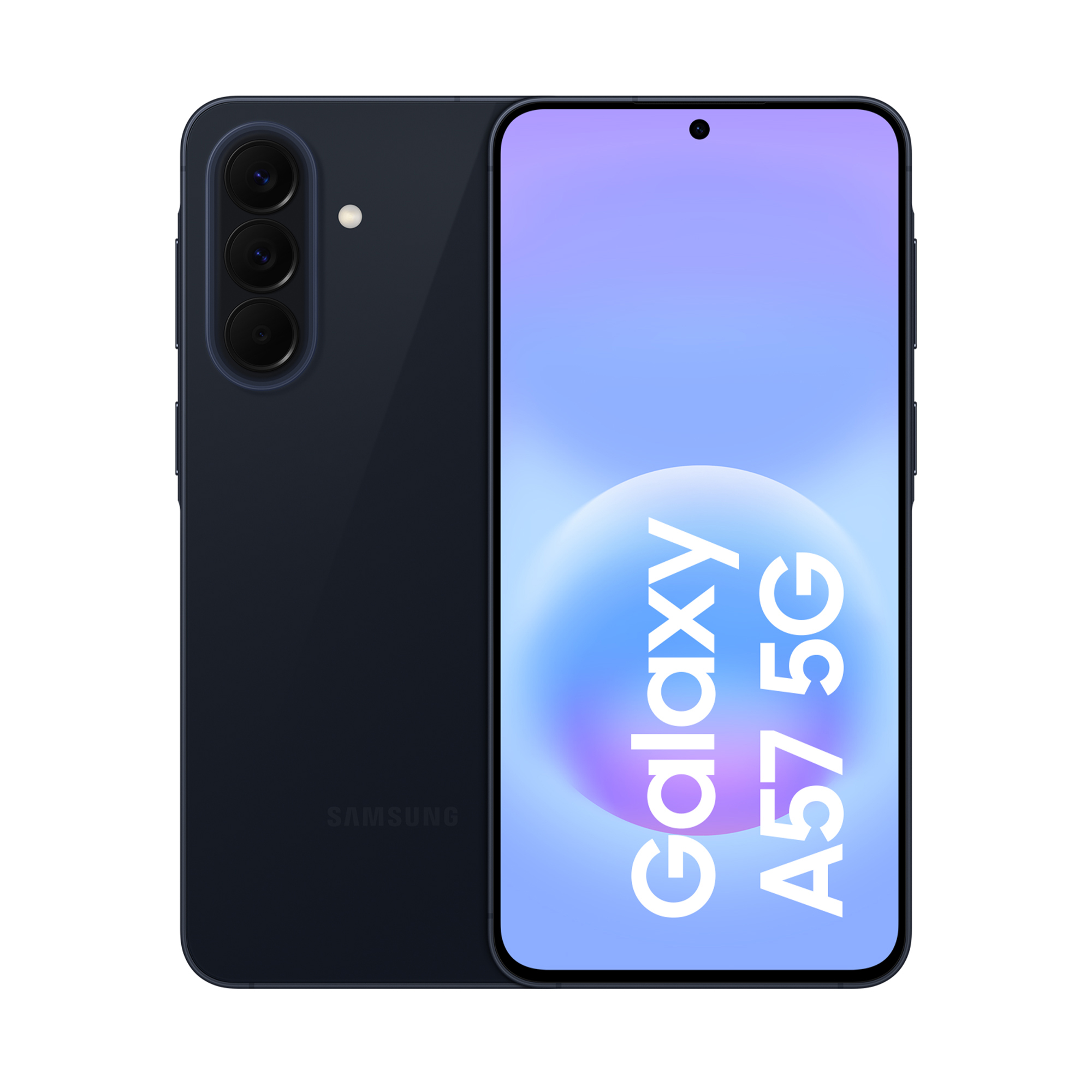 Ciemnoniebieski smartfon Samsung Galaxy A57 5G z trzema tylnymi aparatami.