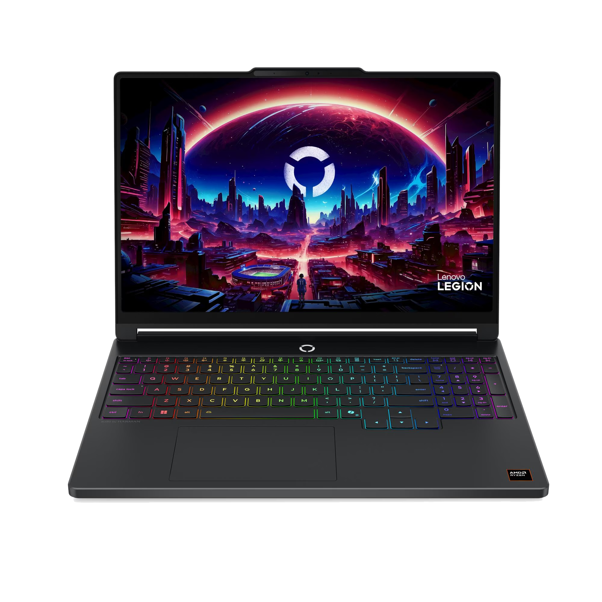 Portátil Lenovo Legion negro con fondo de pantalla vibrante de ciudad futurista y planeta en la pantalla.