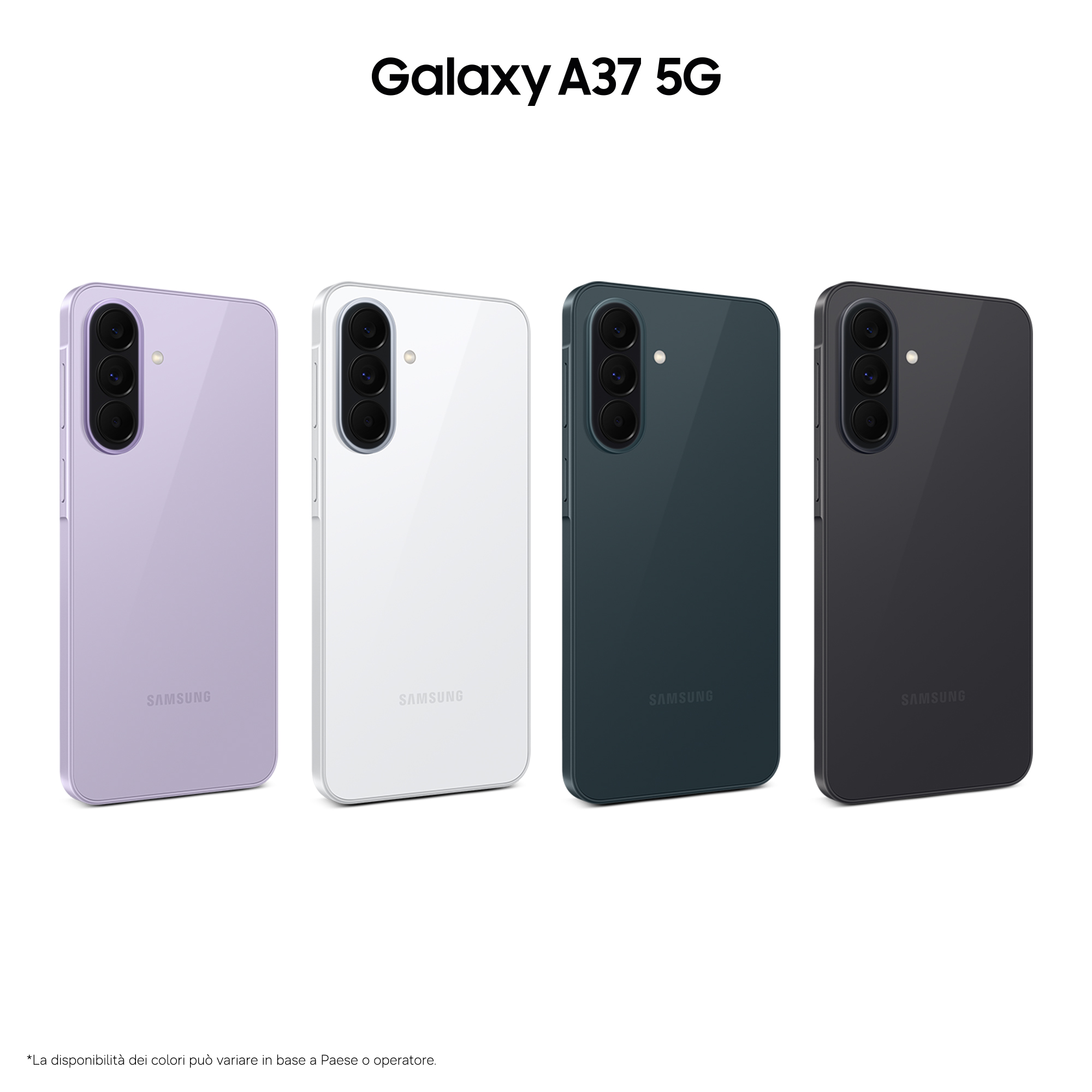 Cztery telefony Samsung Galaxy A37 5G w kolorach fioletowym, białym, ciemnozielonym i czarnym.