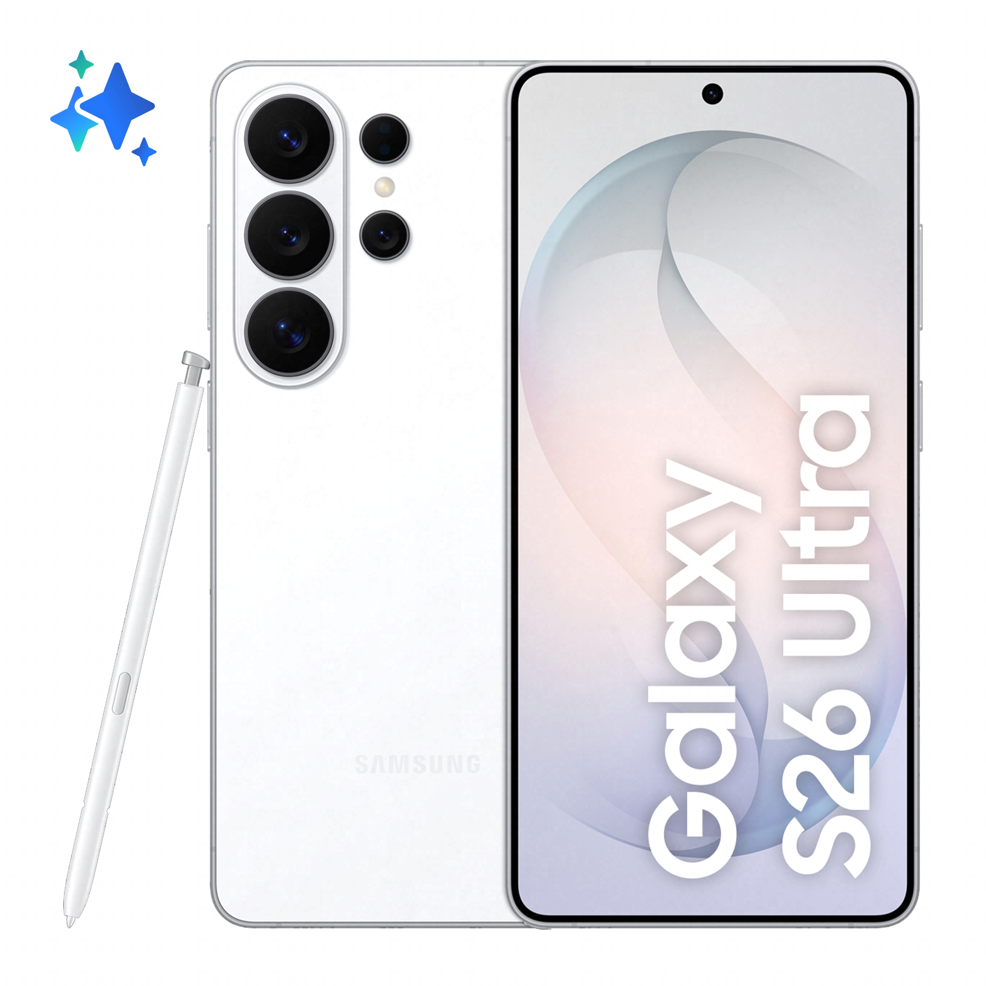 Biały Samsung Galaxy S26 Ultra ze stylusem na białym tle.