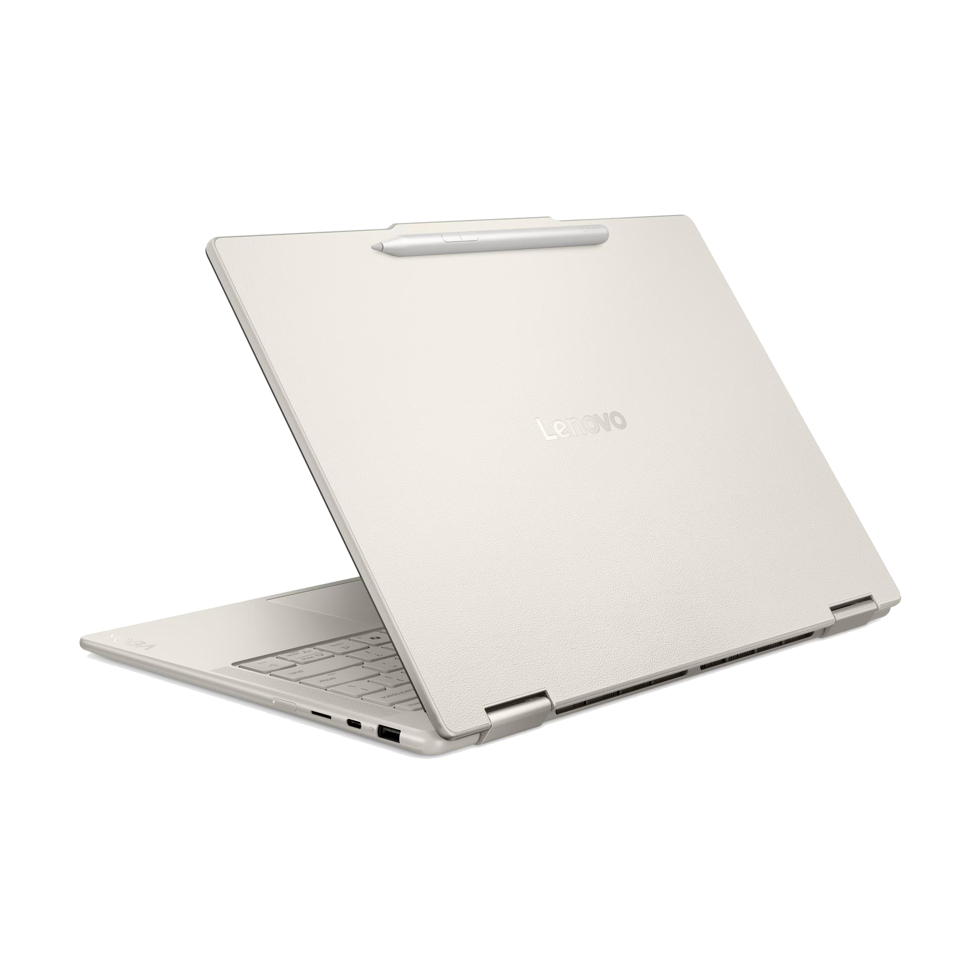 Un portátil beige claro con un lápiz plateado. La pantalla está abierta.
