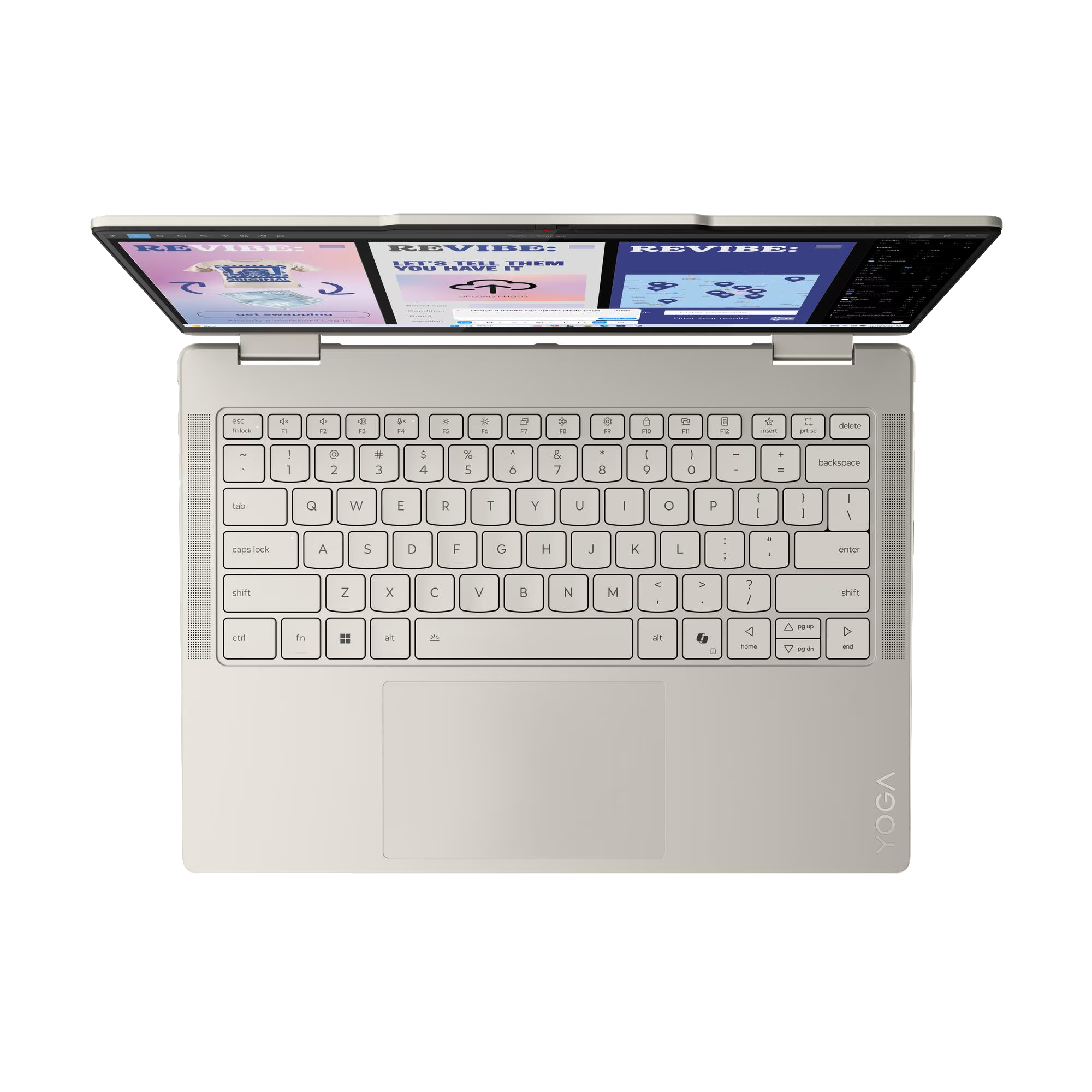 Un portátil abierto de color claro que muestra teclado y vistas de pantalla.