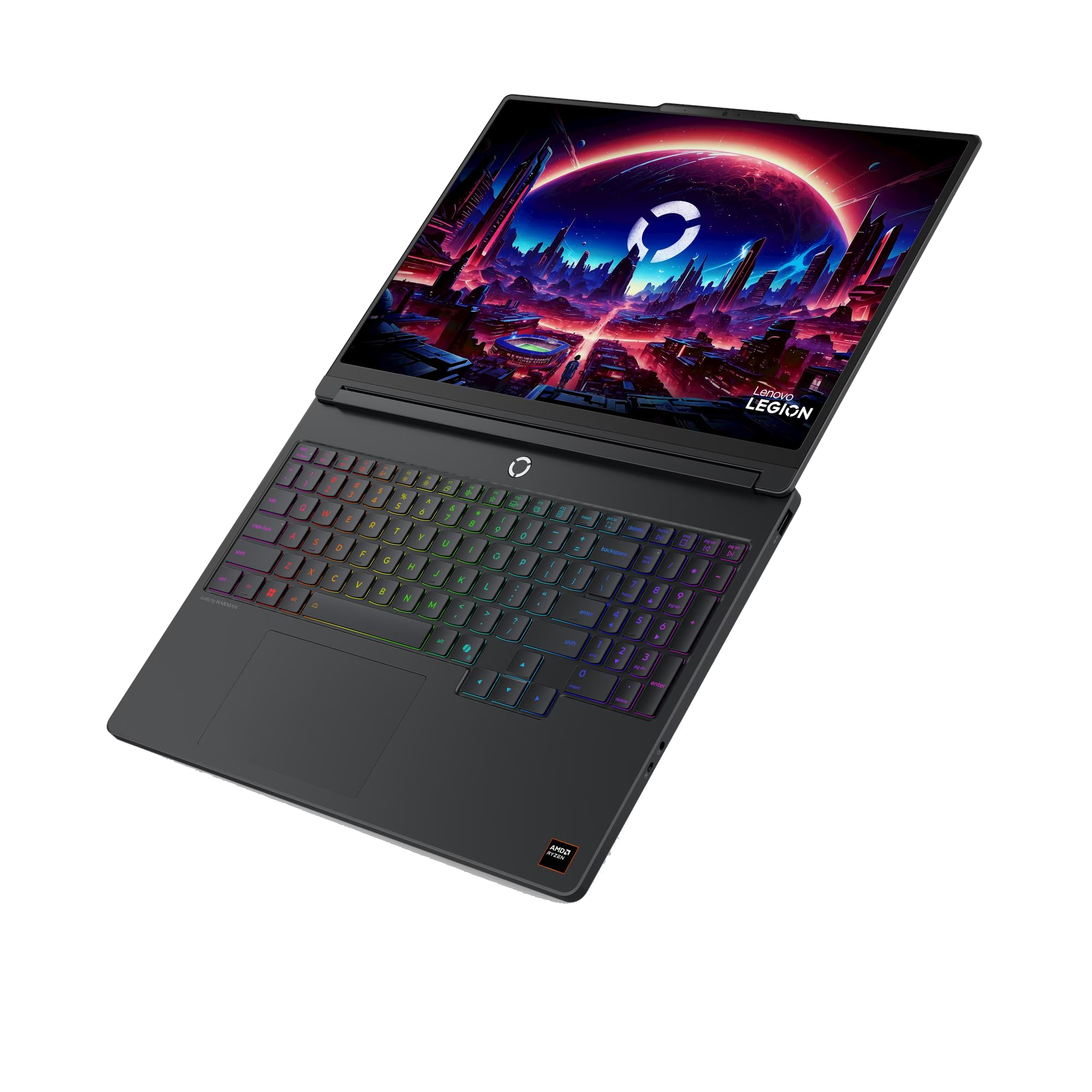 Un portátil Lenovo Legion con teclado RGB y escena de ciudad futurista en pantalla.
