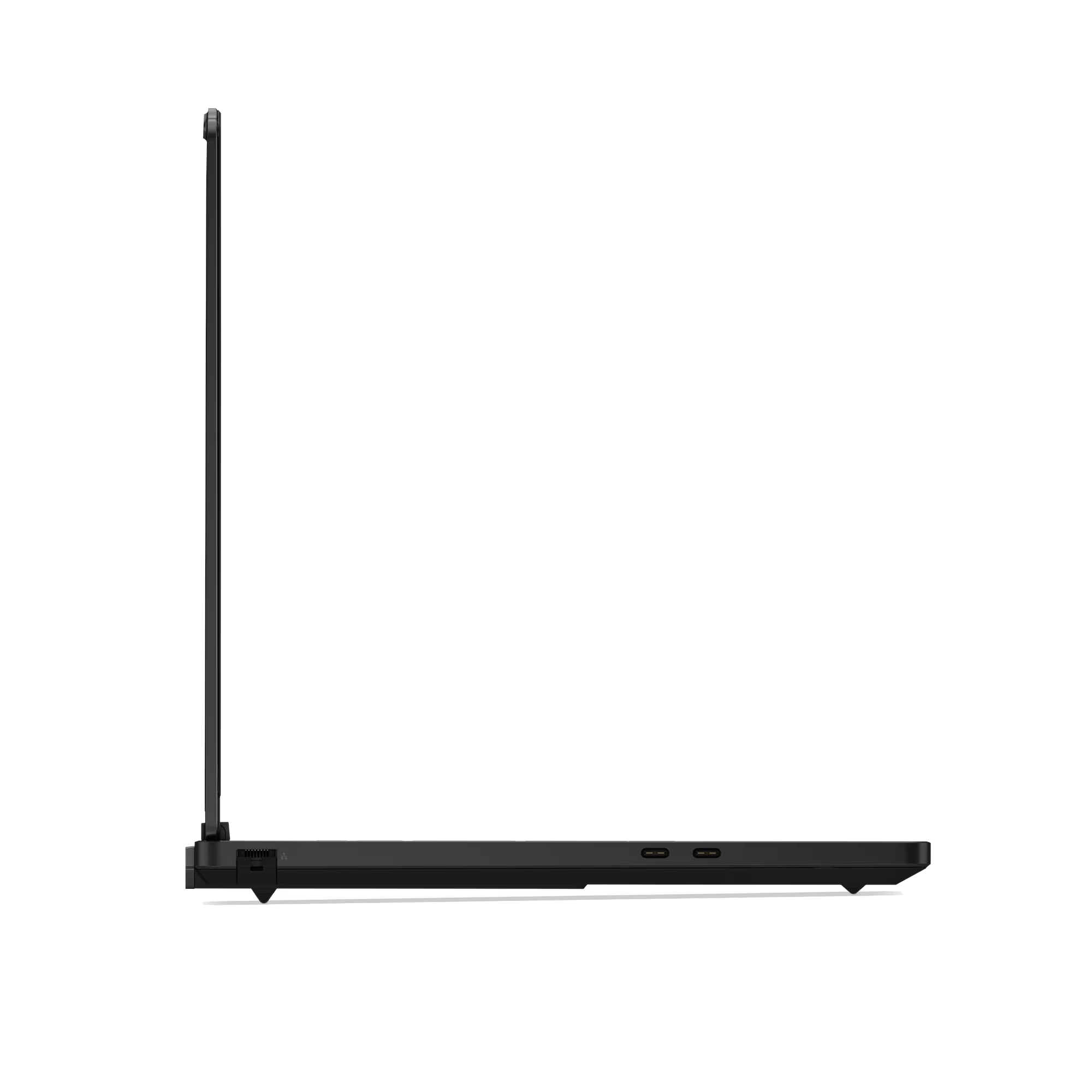Un portátil negro de perfil, con la pantalla abierta mostrando puertos en su lateral.