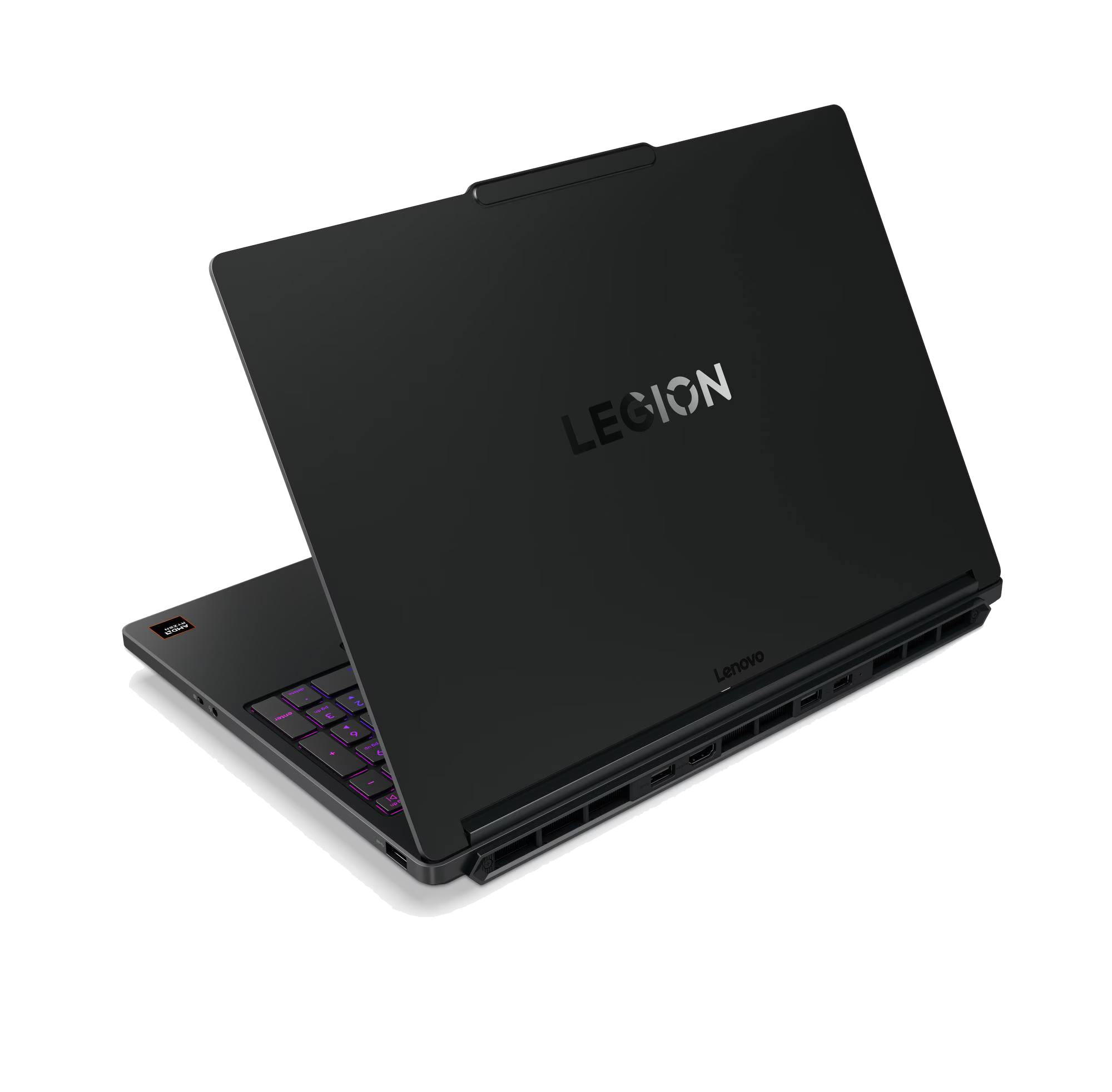 Portátil Lenovo Legion negro, parcialmente abierto, con teclado retroiluminado.