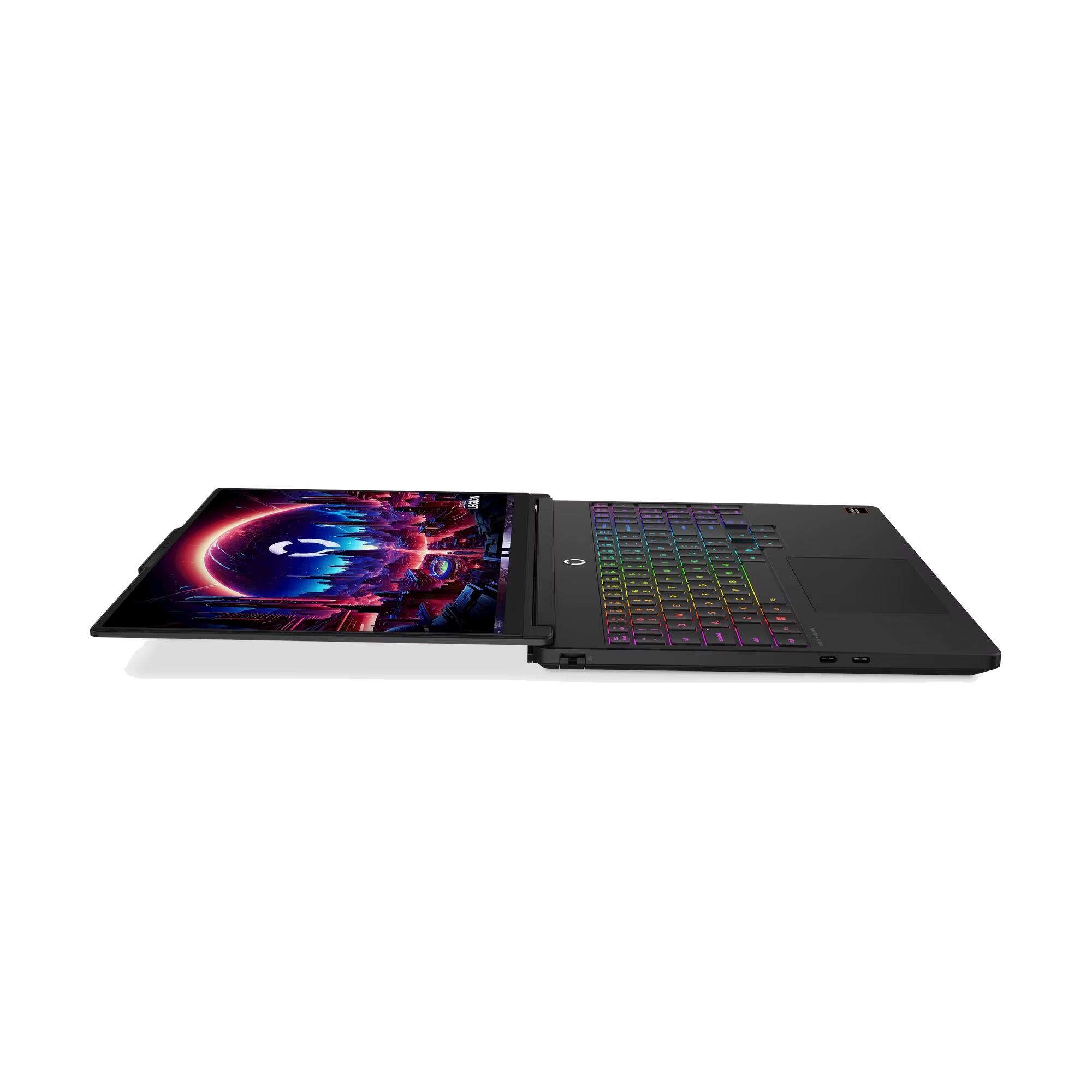 Portátil negro con teclado iluminado y una imagen holográfica en pantalla.