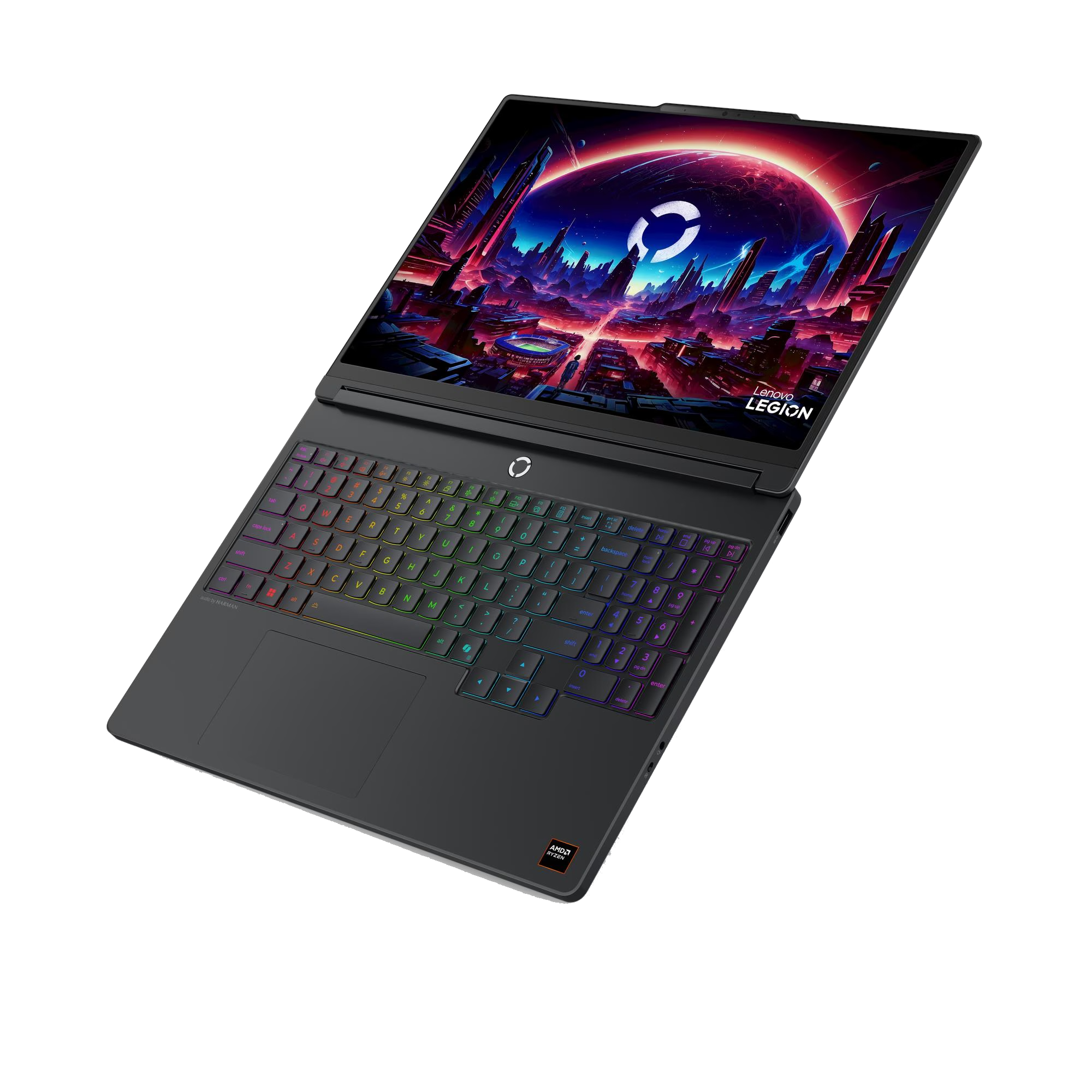 Un portátil gaming Lenovo Legion con teclado retroiluminado y fondo de pantalla futurista.