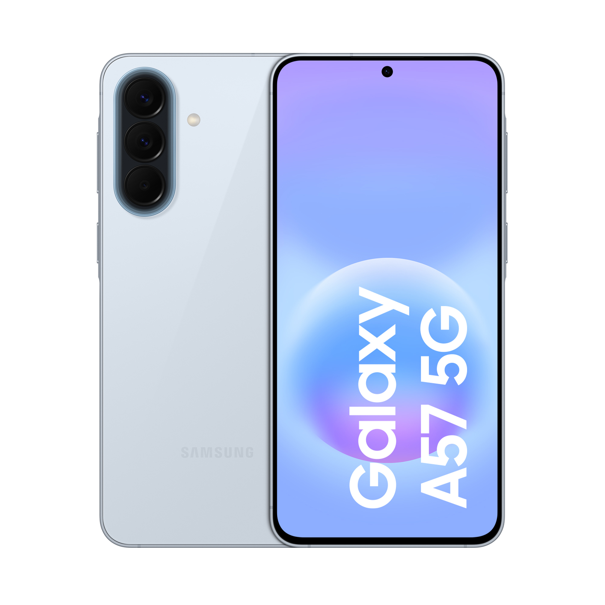 Srebrny smartfon Samsung Galaxy A57 5G z trzema aparatami z tyłu.