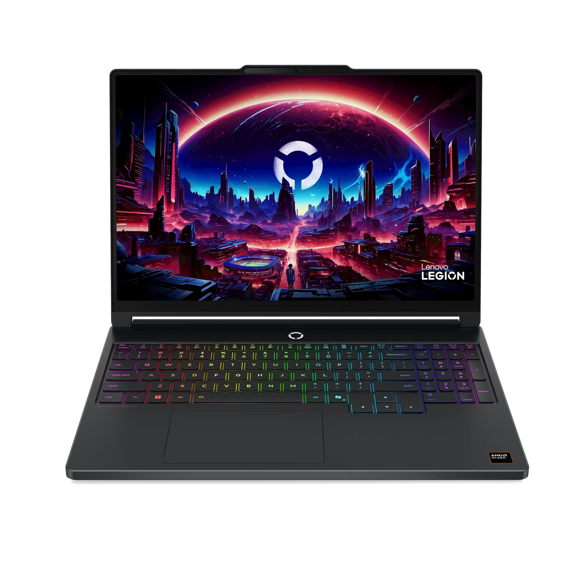 Un portátil con teclado retroiluminado y fondo de pantalla futurista.